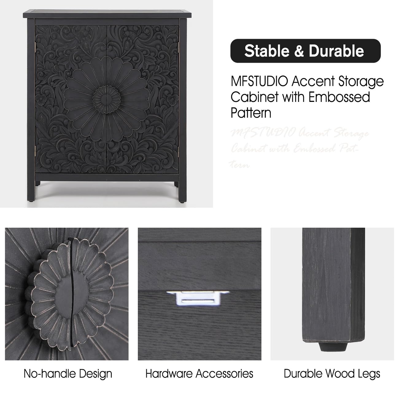 MFSTUDIO Accent Storage Cabinet with 2 Doors, Distressed Storage Cabinet Buffet Sideboard Display Cabinet with Metal Church Window Door for Entryway Living Room Kitchen, Black