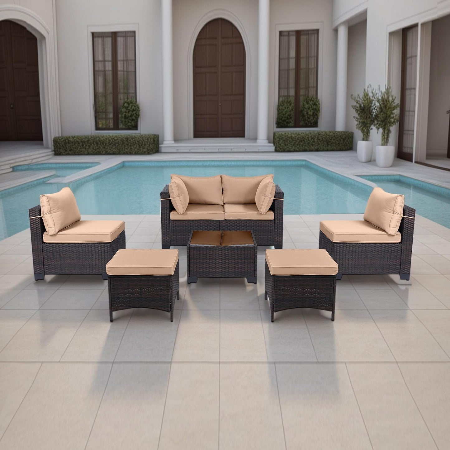 LEVELEVE 7 Pieces Outdoor Patio Furniture Sets,Rattan Conversation Sectional Set,Manual Weaving Wicker Patio Sofa with Tea Table