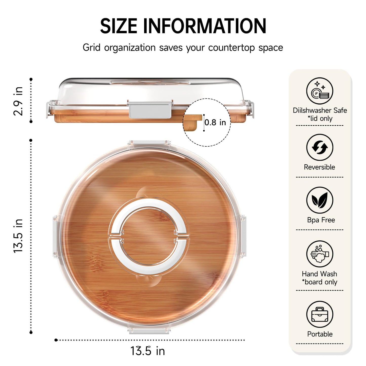 Round Charcuterie Board with Clear Lid, Travel Picnic Portable Cheese Board Charcuterie Boxes, Meat Fruit Serving Tray Platter, House Warming Gifts New Home, Gifts for Women