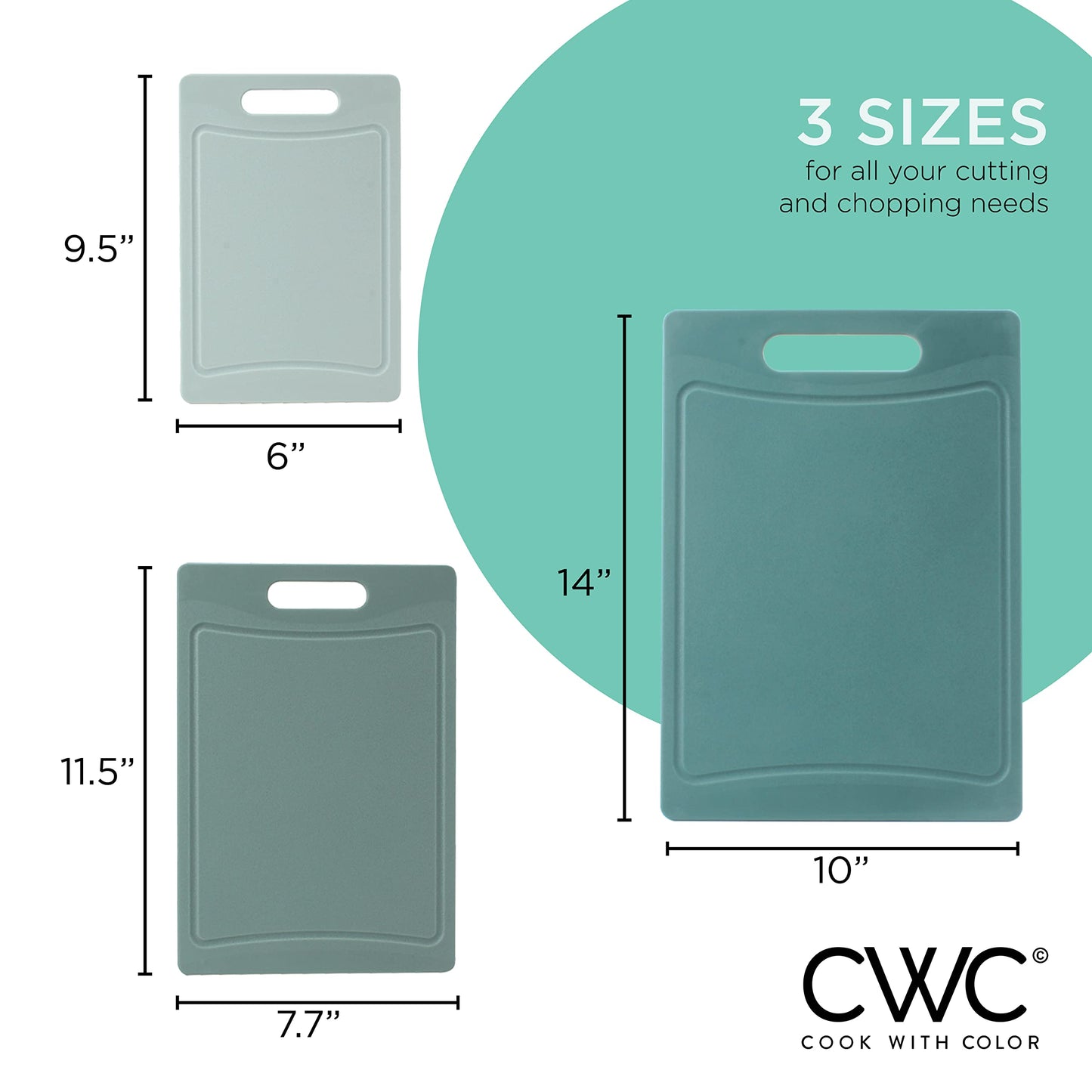 COOK WITH COLOR Non-Slip Cutting Board Set – Kitchen Essentials with Easy Grip Handle for Meat, Veggies, and Fruits, 3 Cutting Boards, Teal