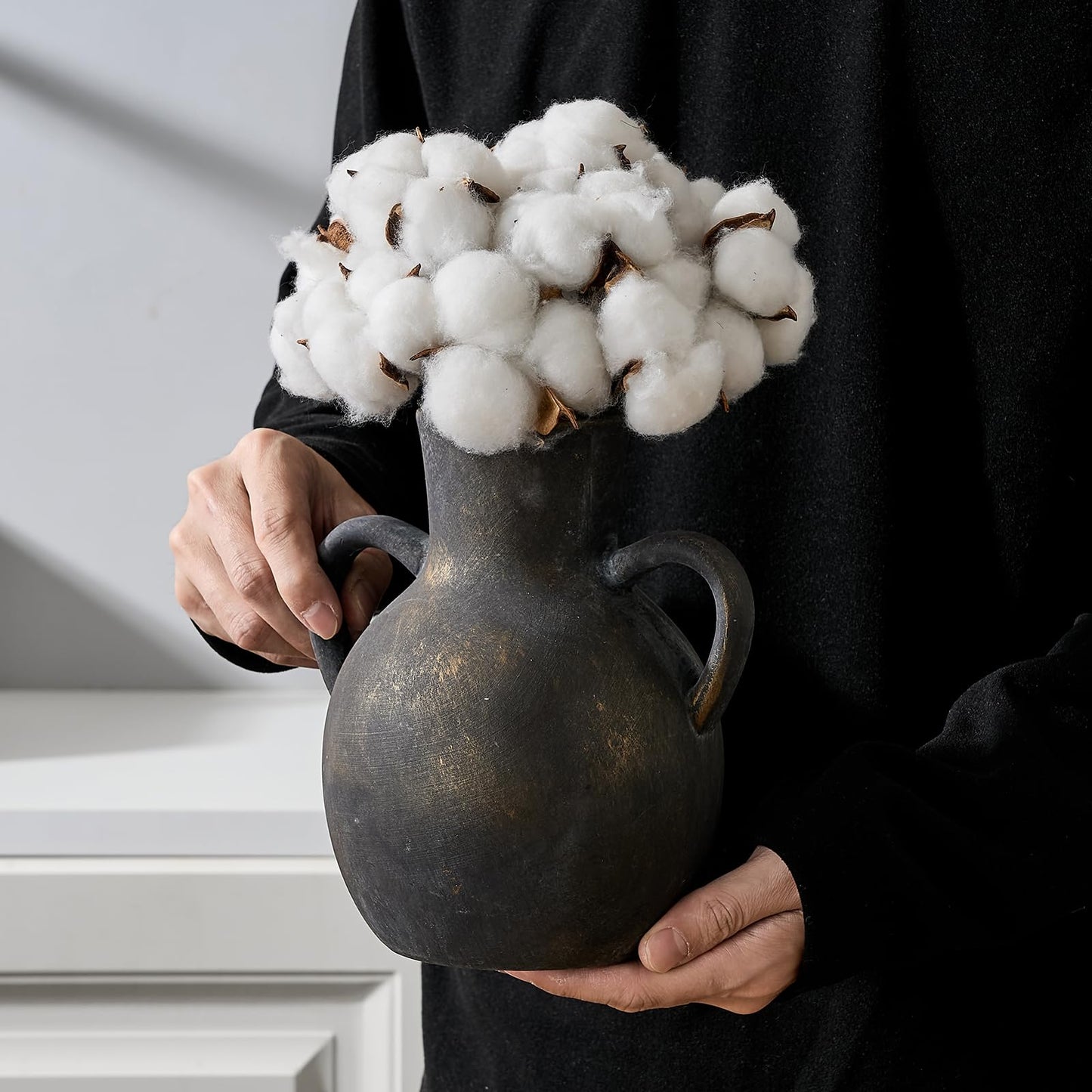 SIDUCAL Rustic Ceramic Farmhouse Flower Vase with 2 Handles, Whitewashed Terra Cotta Vase, Decorative Pottery Flower for Home Decor, Table, Living Room, Shelf Decor, 7.3 Inch, Terra