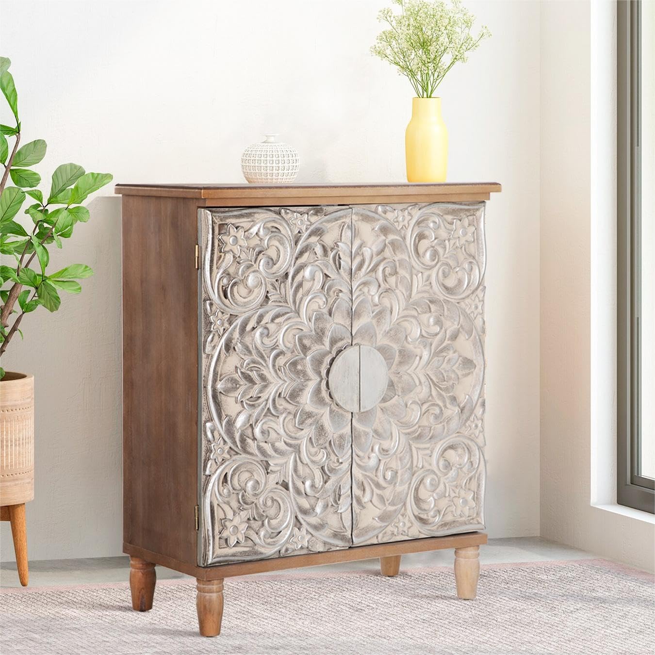 MFSTUDIO Accent Storage Cabinet with 2 Doors, Distressed Storage Cabinet Buffet Sideboard Display Cabinet with Metal Church Window Door for Entryway Living Room Kitchen, Black