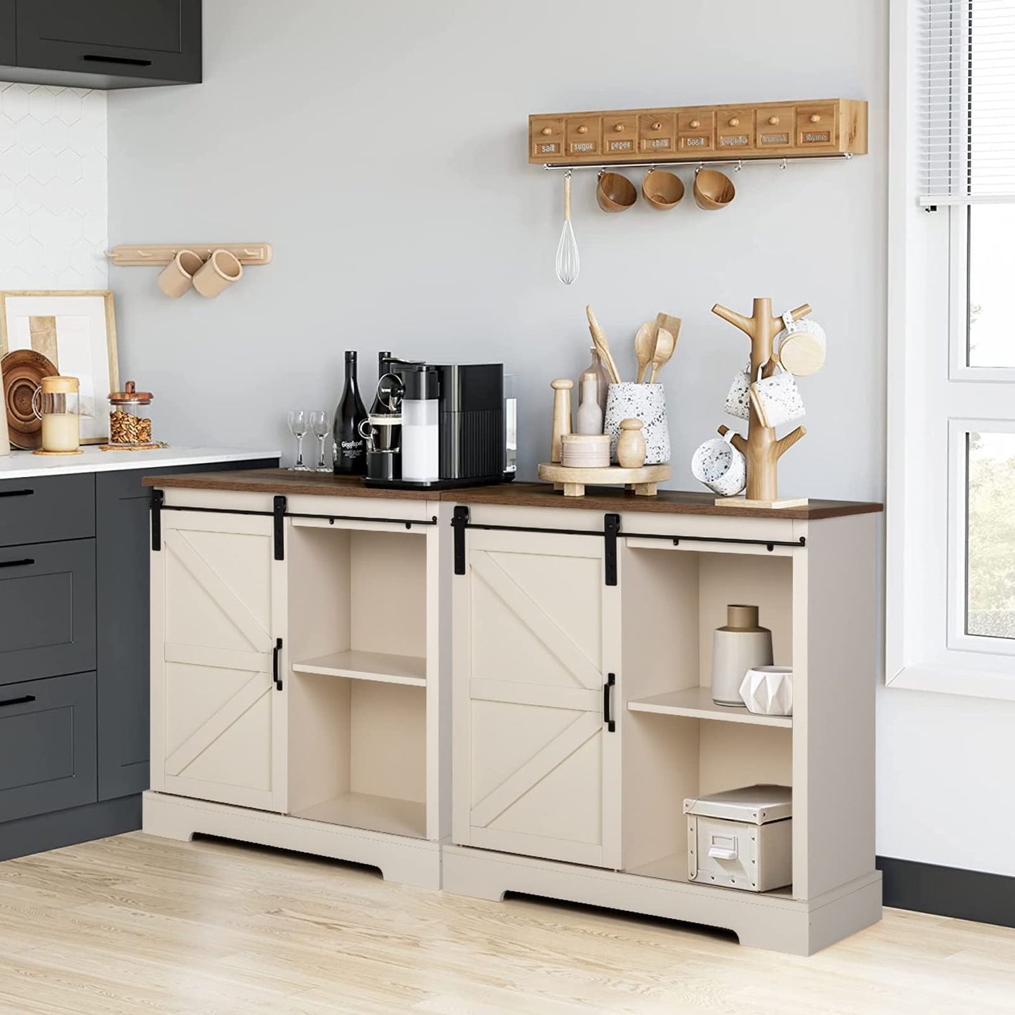 MFSTUDIO Accent Storage Cabinet with 2 Doors, Distressed Storage Cabinet Buffet Sideboard Display Cabinet with Metal Church Window Door for Entryway Living Room Kitchen, Black