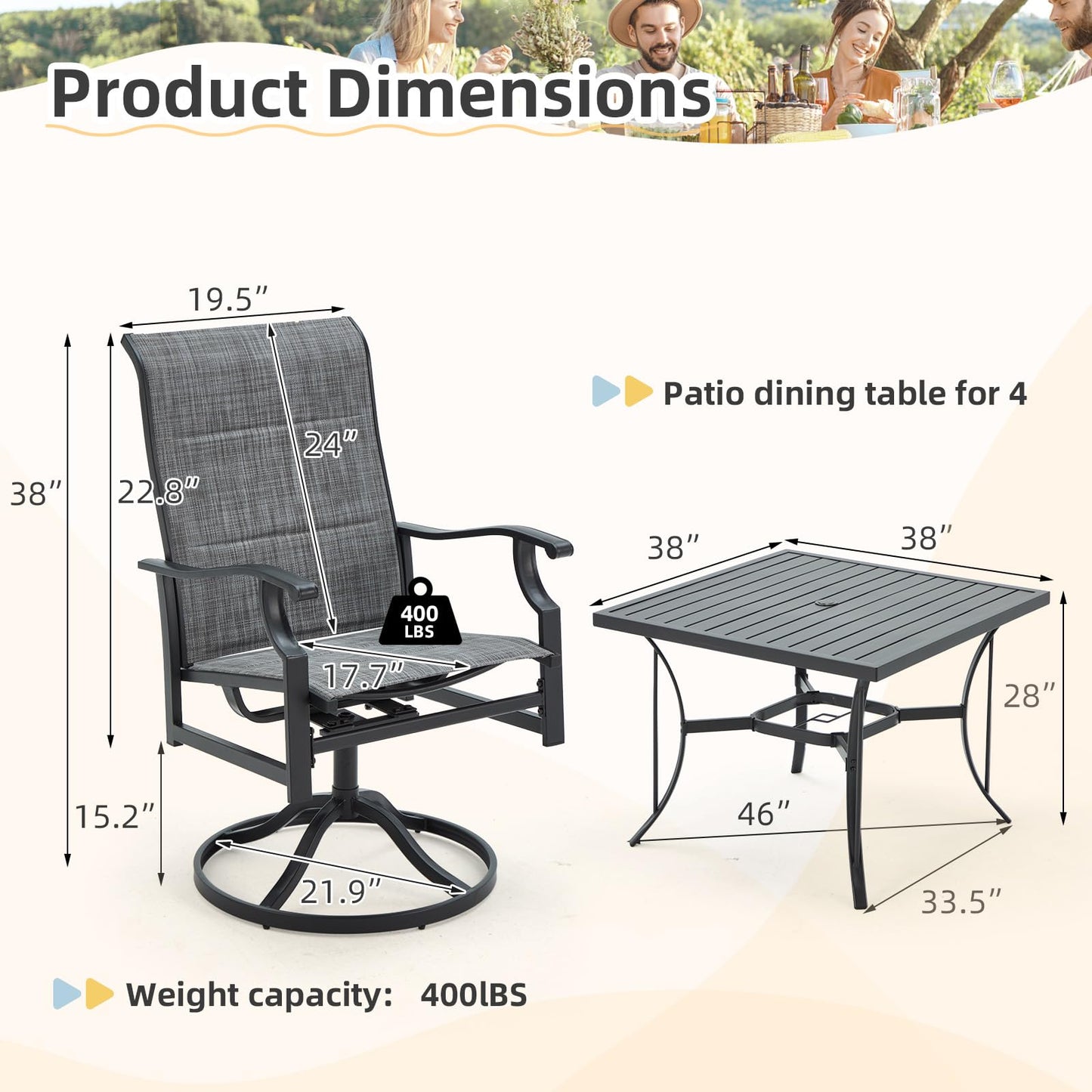 9-Piece Outdoor Patio Dining Set with 8 Swivel Rocker Chairs, Rectangular Metal Table with Umbrella Hole, 8-Person Patio Table and Chairs for Backyard, Poolside, Balcony and Garden Grey