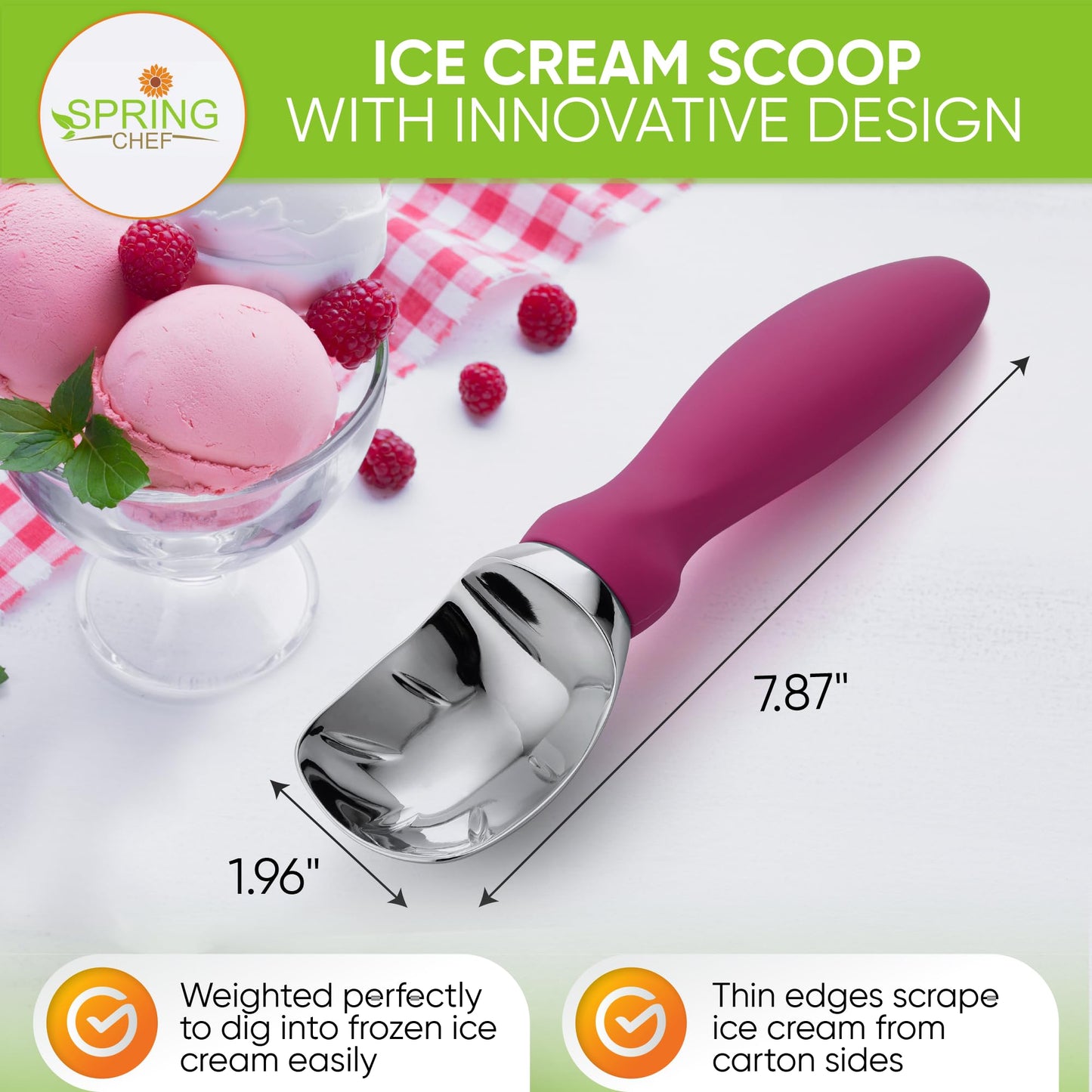 Spring Chef Heavy Duty Ice Cream Scoop with Comfortable Handle - Professional Ice Cream Scooper for Gelato, Sorbet, Cookie Dough, Melon, Frozen Yogurt - Dishwasher Safe Metal Kitchen Tool - Black