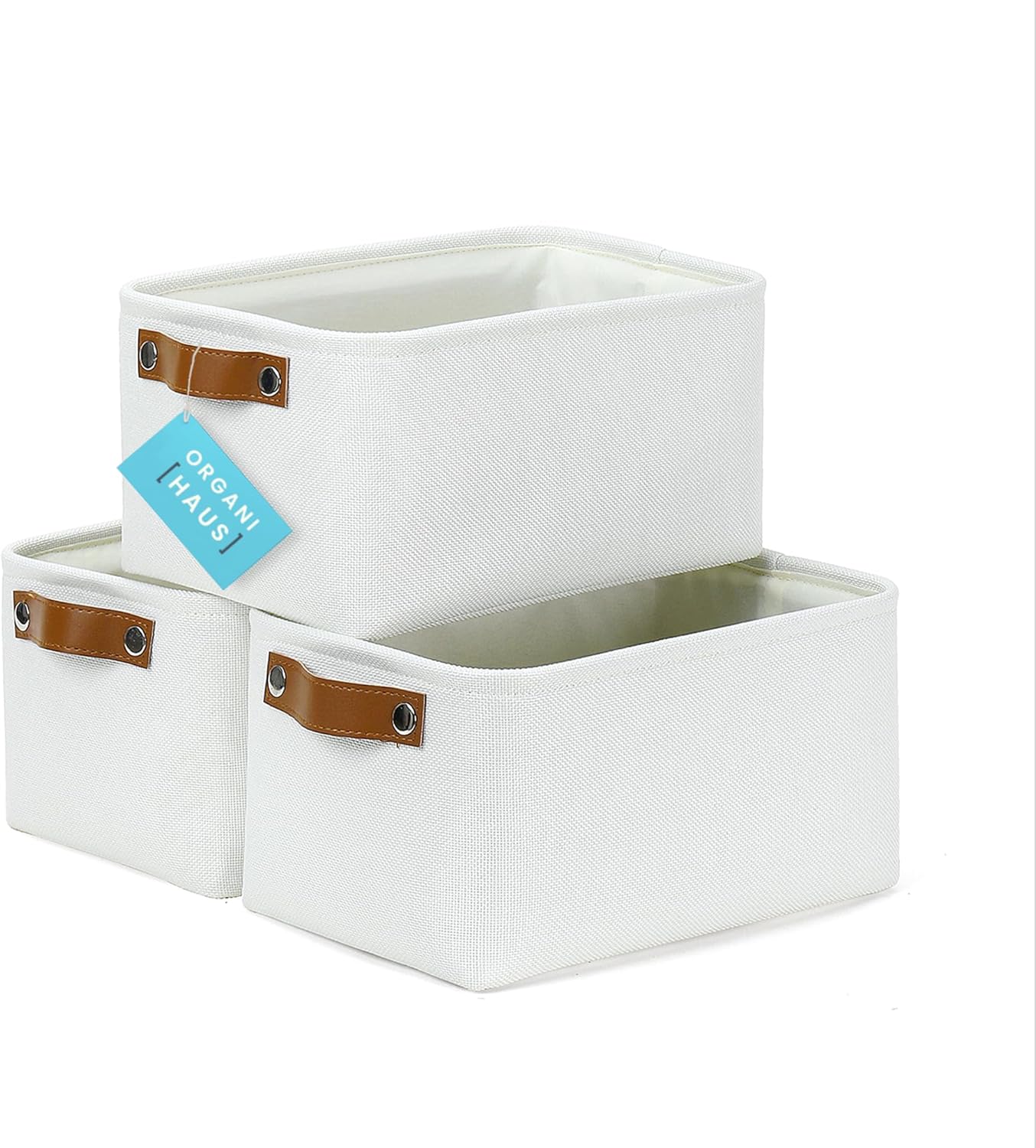 OrganiHaus Small Fabric Storage Baskets for Shelves 3 Pack, 12x8in Closet Storage Bins for Shelves, Cloth Baskets for Organizing, Linen Closet Organizers, Fabric Basket, Beige/White