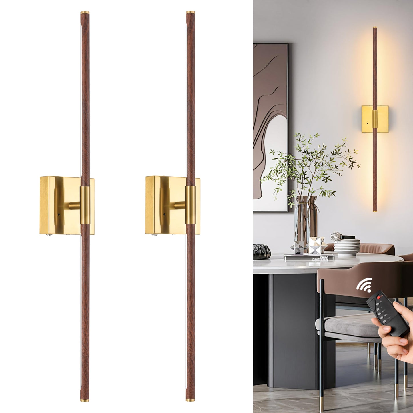 Battery Operated Wall Sconces Set of 2, Dimmable Battery Wall Sconce with Remote Control, Black Gold LED Rechargeable Sconces, 24 Inch Modern Wireless Wall Lights for Bedroom, Living Room