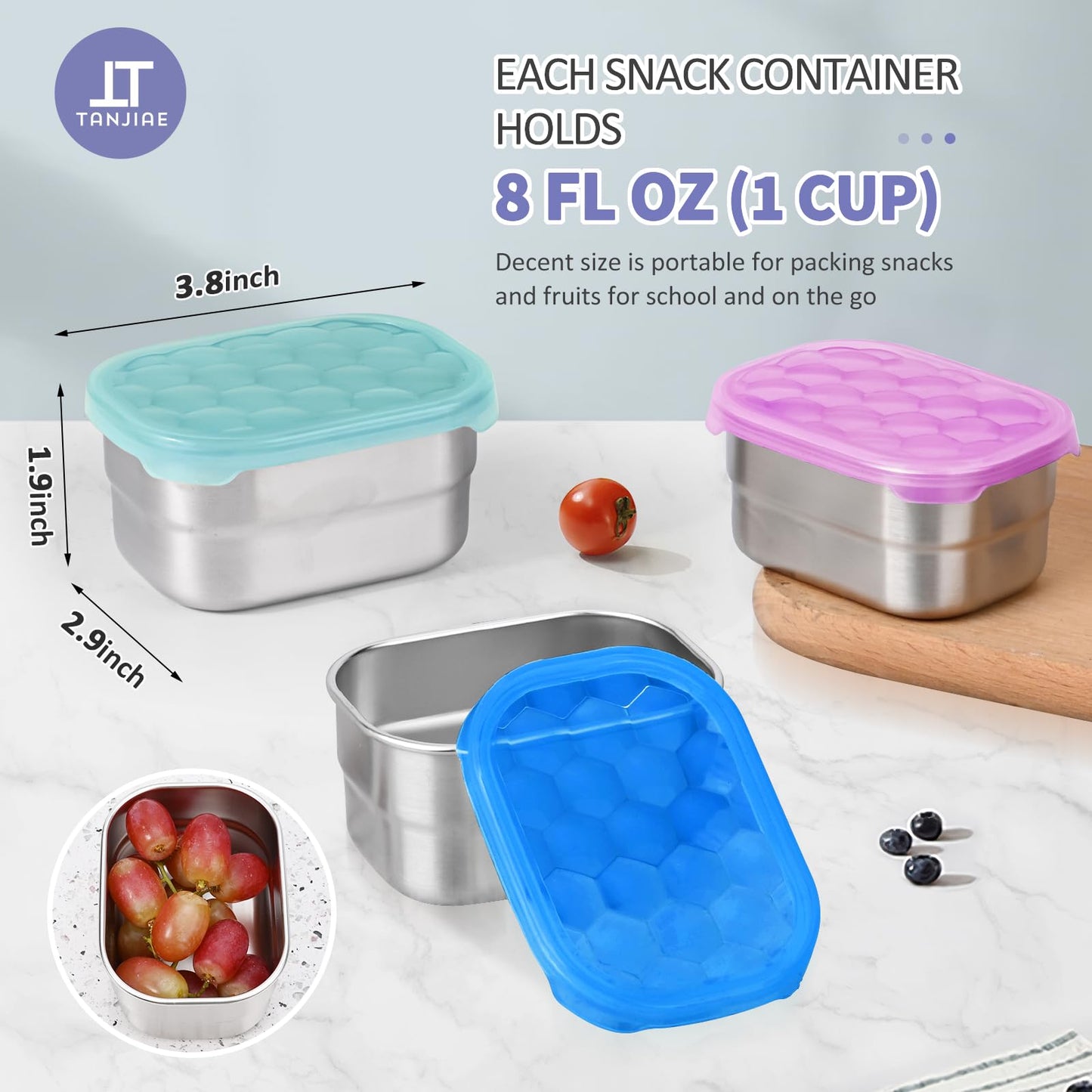 Small (1 CUP) Stainless Steel Snack Containers for Kids | Easy Open Leak Proof Food Containers with Silicone Lids - Perfect Metal Toddler Lunch Box for Daycare and School (8oz)
