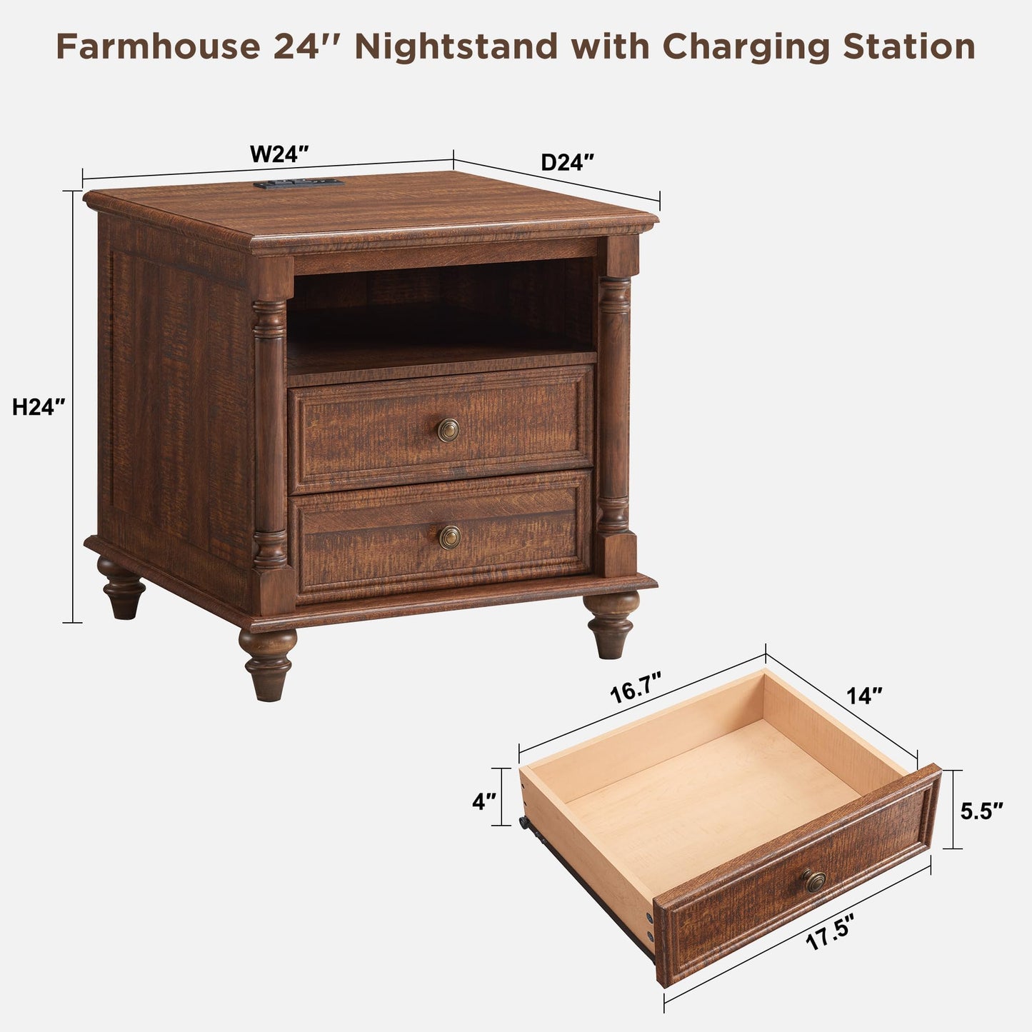 T4TREAM 24'' Farmhouse End Table w/4 Solid Wood Feet, Large 2 Drawers Wide Sofa Side Table with Charging Station, Tall Rustic Wood Square Nightstand for Living Room, Bedroom, Office, Antique White
