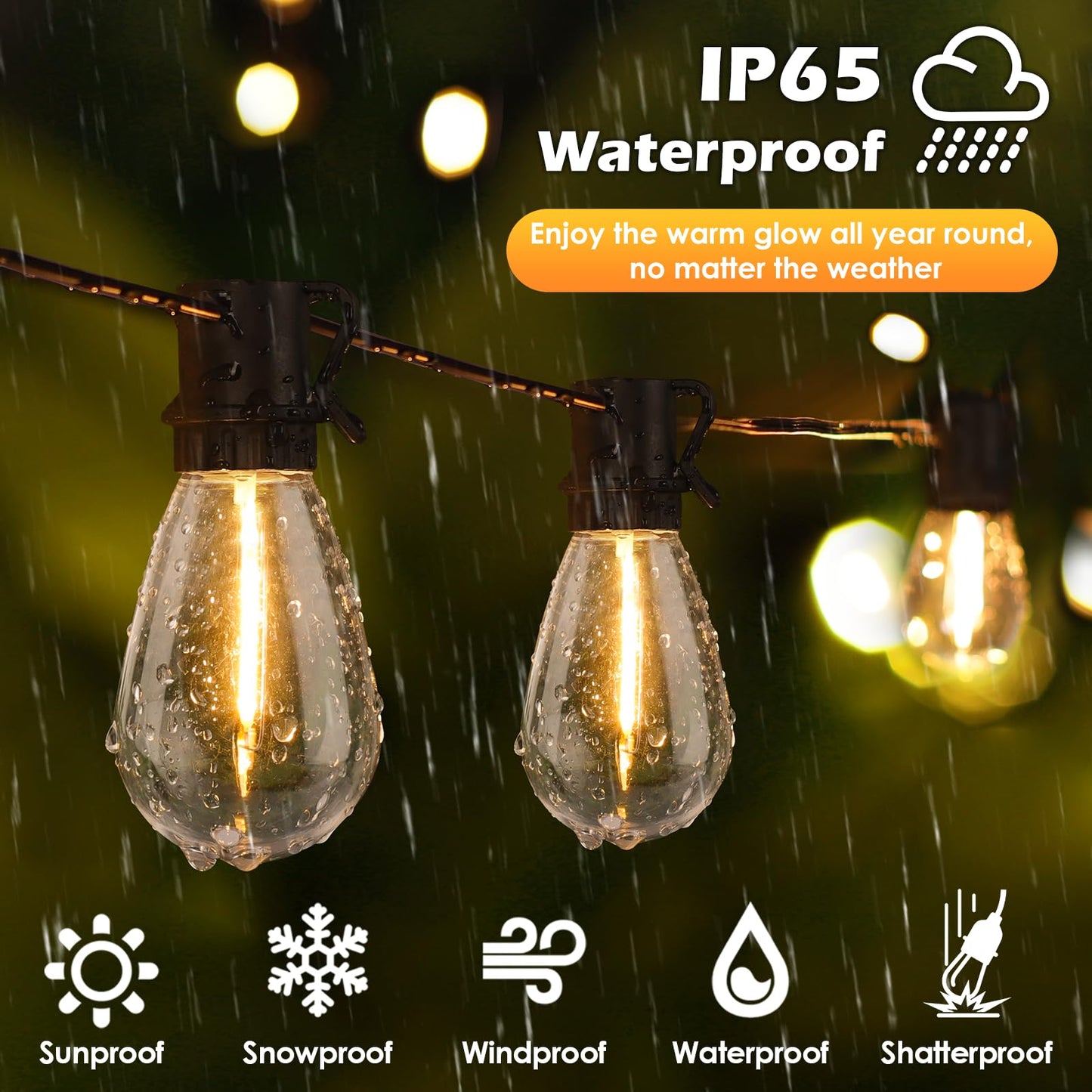 96FT LED Outdoor String Lights, Waterproof Patio Lights with 30+2 2700K Dimmable Shatterproof Edison Hanging Bulbs for Backyard Party-Black