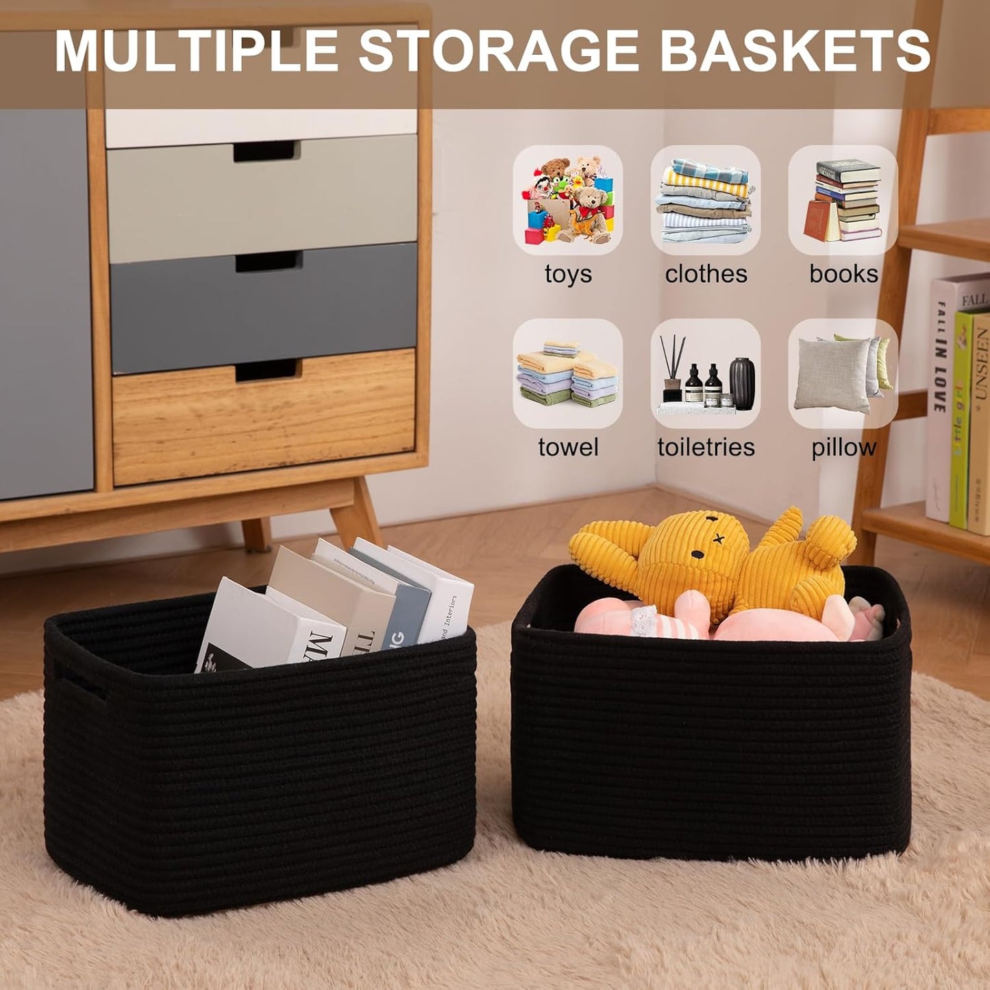 Storage Baskets for Organizing, Woven Decorative Baskets for Shelves - Books, Towels, and Clothes, Cotton Rope Toy Storage Bins, 12.7''Lx9''Wx7.8''H, Pack of 4, Brown