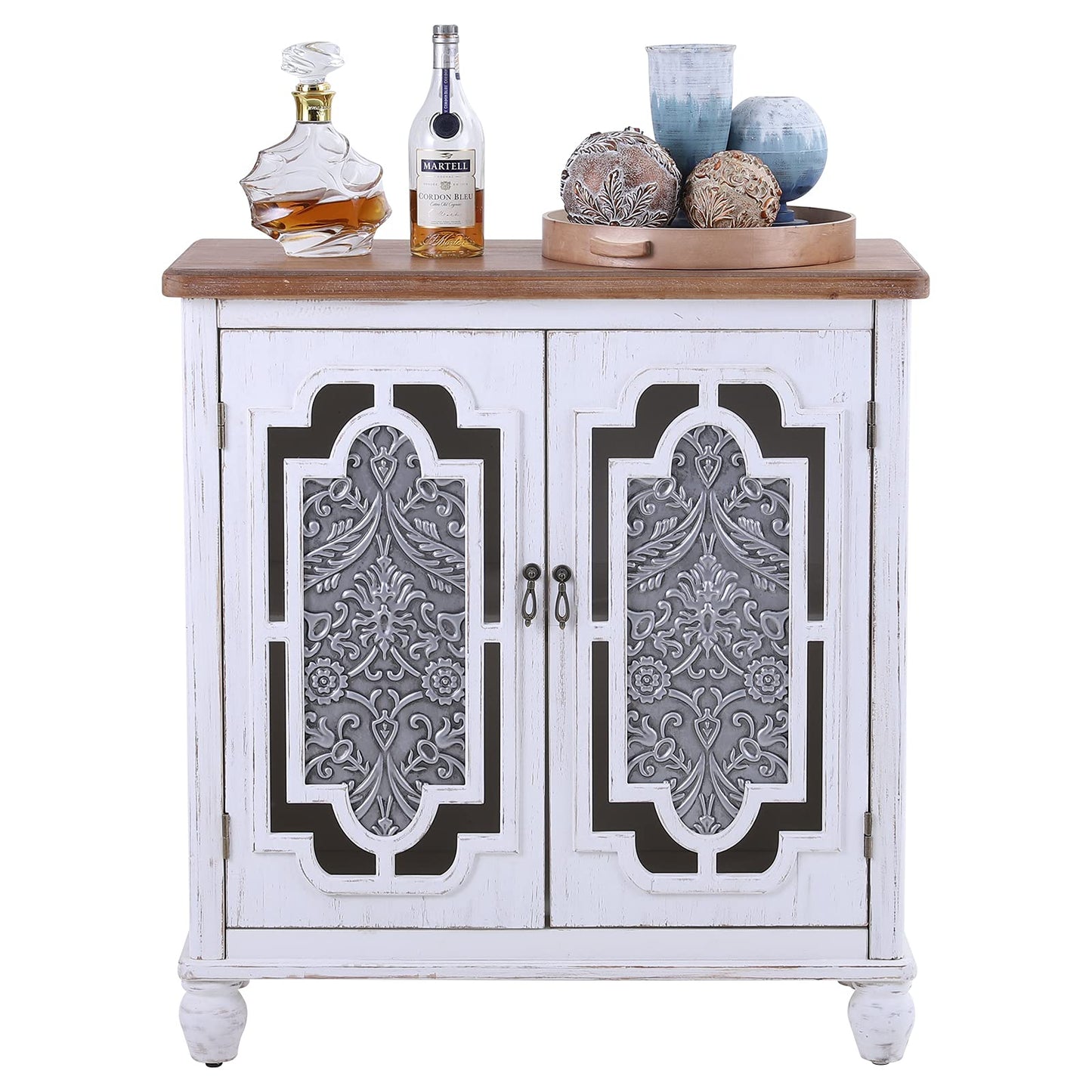 MFSTUDIO Accent Storage Cabinet with 2 Doors, Distressed Storage Cabinet Buffet Sideboard Display Cabinet with Metal Church Window Door for Entryway Living Room Kitchen, Black