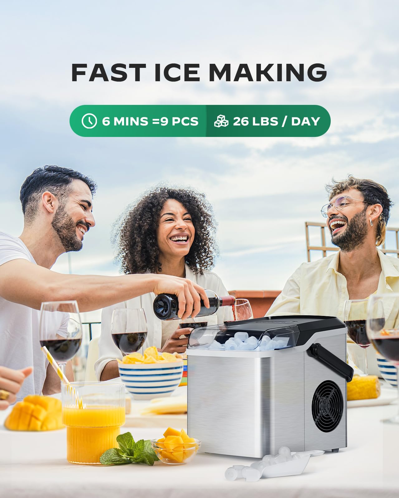 Silonn Ice Maker Countertop, Portable Ice Machine with Carry Handle, Self-Cleaning Ice Makers with Basket and Scoop, 9 Cubes in 6 Mins, 26 lbs per Day, Ideal for Home, Kitchen, Camping, RV