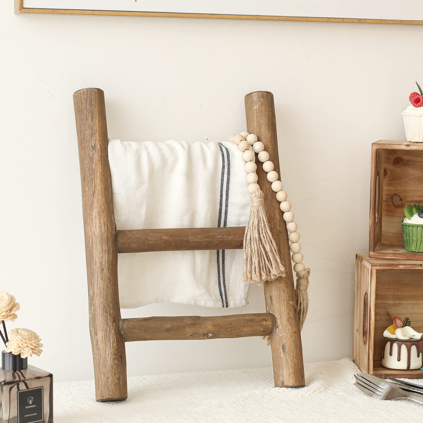FUIN Fully Assembled 57in Wood Blanket Ladder Living Room Decorative Wall Leaning Farmhouse Quilt Display Holder Rustic Wooden Towel Rack for Bathroom, Unfinished