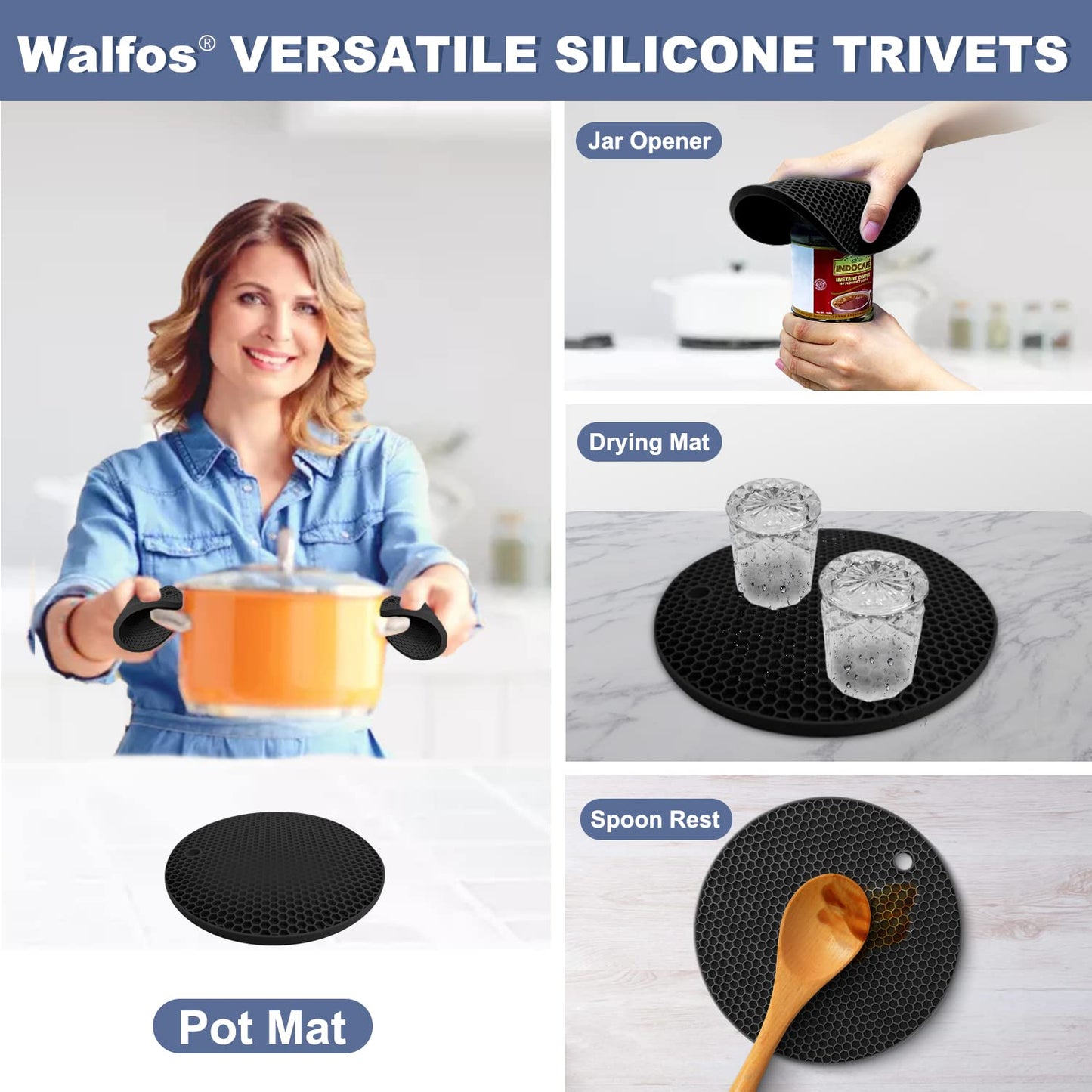 Walfos Silicone Trivet Mats - 4 Heat Resistant Pot Holders, Multipurpose Non-Slip Hot Pads for Kitchen Potholders, Hot Dishers, Jar Opener, Spoon Holder, Food Grade Silicone & BPA Free (Black)
