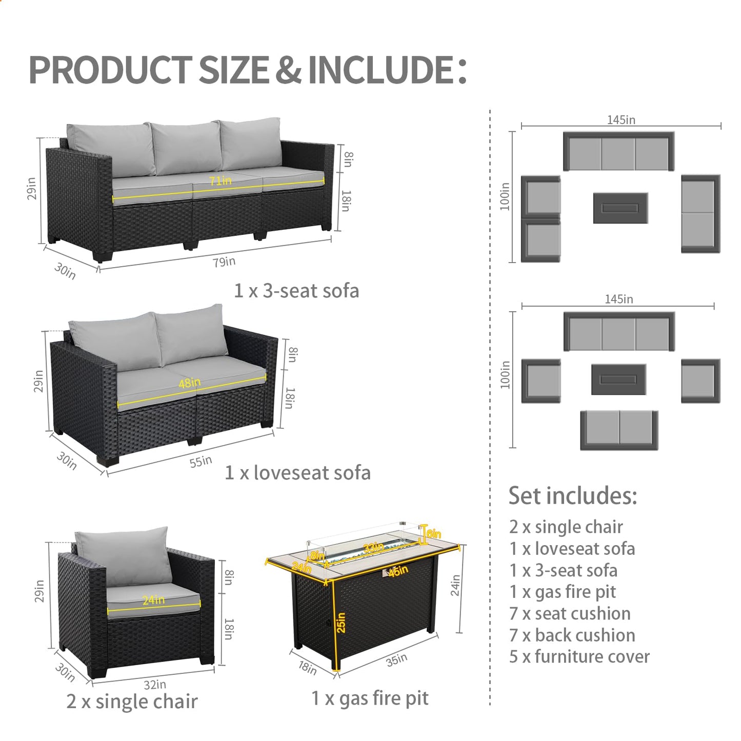 Rattaner 5 Pcs Outdoor Furniture Sets Patio Furniture Set with 45" Fire Pit Patio Couch Outdoor Chairs 60000 BTU Steel Propane Fire Pit Table No-Slip Cushions and Waterproof Covers, Light Grey