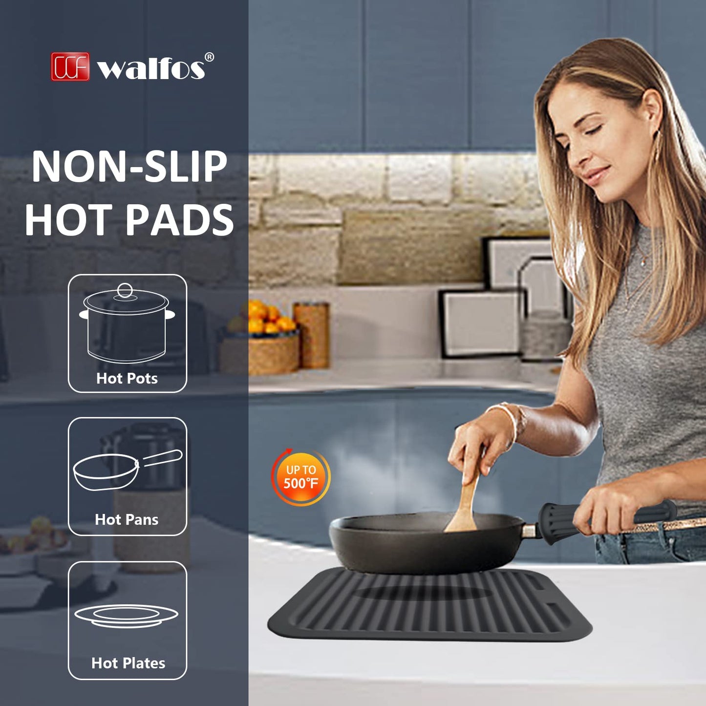 Walfos Silicone Trivet Mats - 4 Heat Resistant Pot Holders, Multipurpose Non-Slip Hot Pads for Kitchen Potholders, Hot Dishers, Jar Opener, Spoon Holder, Food Grade Silicone & BPA Free (Black)