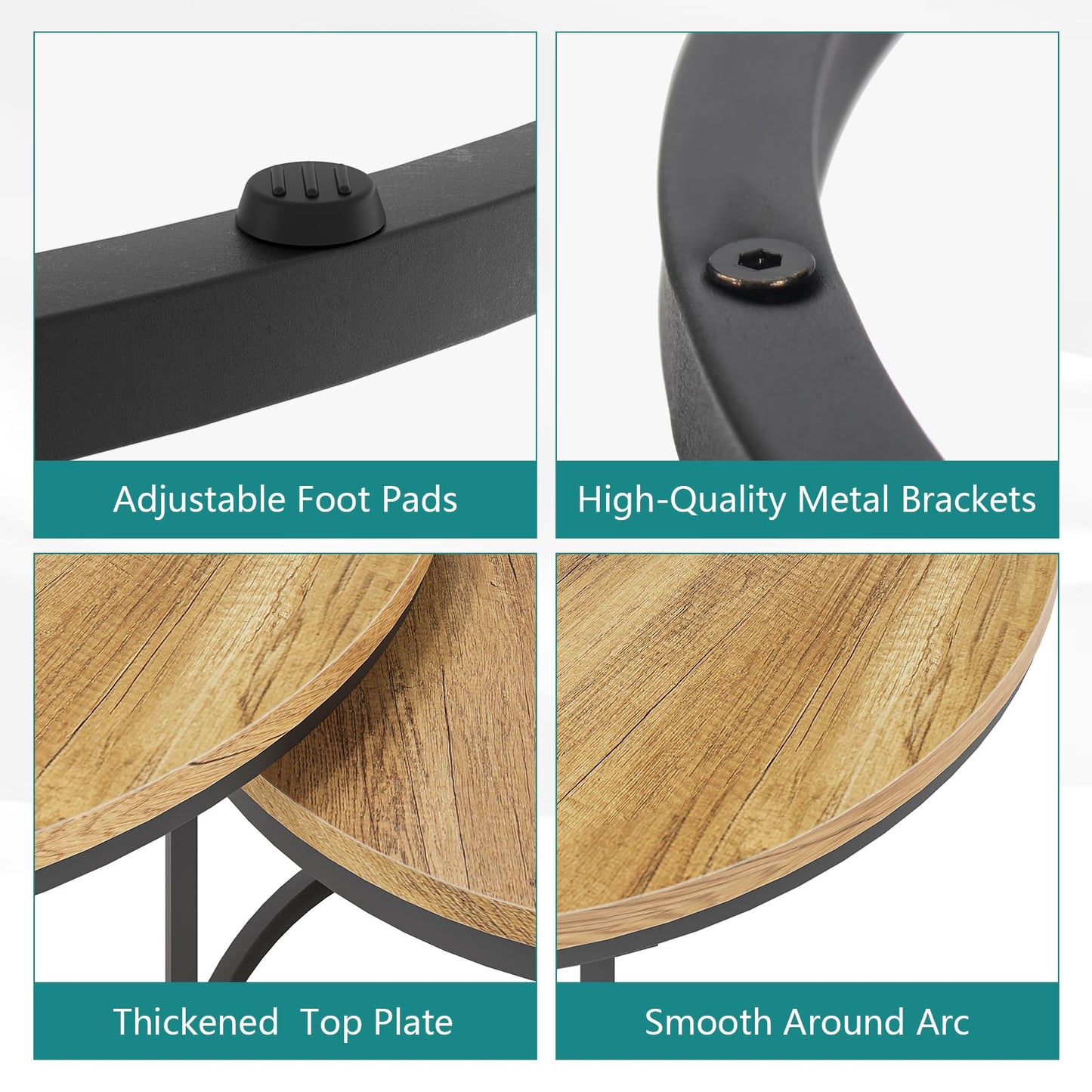 Smuxee Nesting Coffee Table Set of 2, 23.6" Round Coffee Table Wood Grain Top with Adjustable Non-Slip Feet, Industrial End Table Side Tables for Living Room Bedroom Balcony Yard