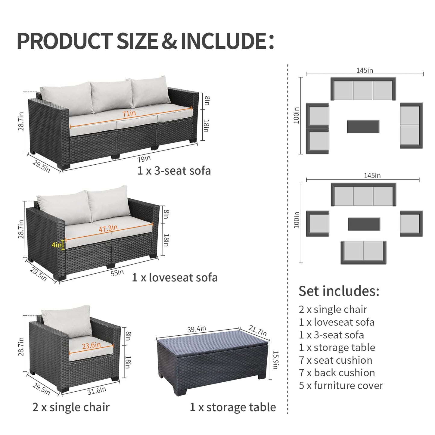 Rattaner 5 Pcs Outdoor Furniture Sets Patio Furniture Set with 45" Fire Pit Patio Couch Outdoor Chairs 60000 BTU Steel Propane Fire Pit Table No-Slip Cushions and Waterproof Covers, Light Grey