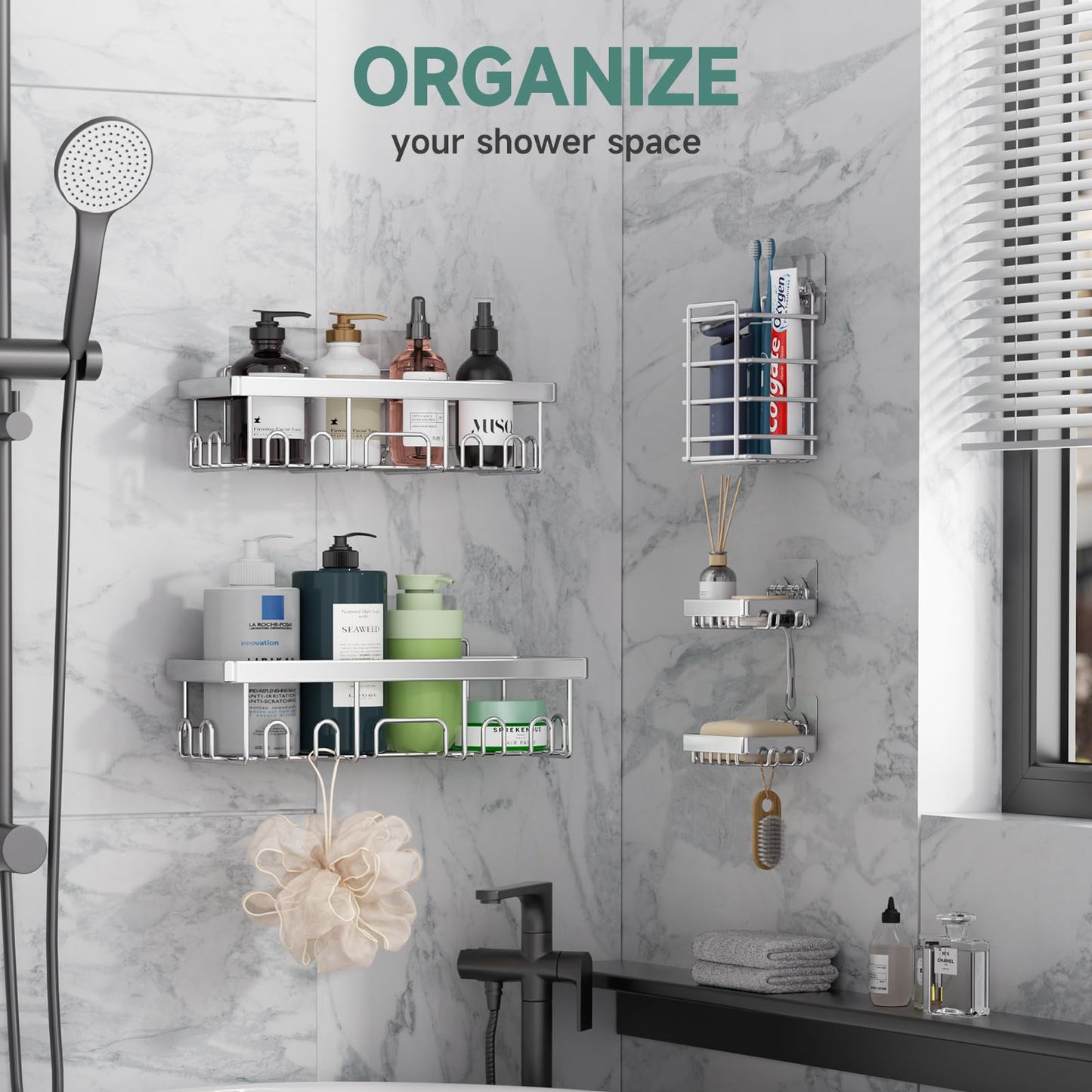 Veken Stainless Steel Shower Caddy 6-Pack, No Drilling & Rustproof, Waterproof Adhesive Shelves Rack with Soap Holder, Large Capacity Bathroom Organizers and Storage, Wall-Mounted Kitchen & Home Decor