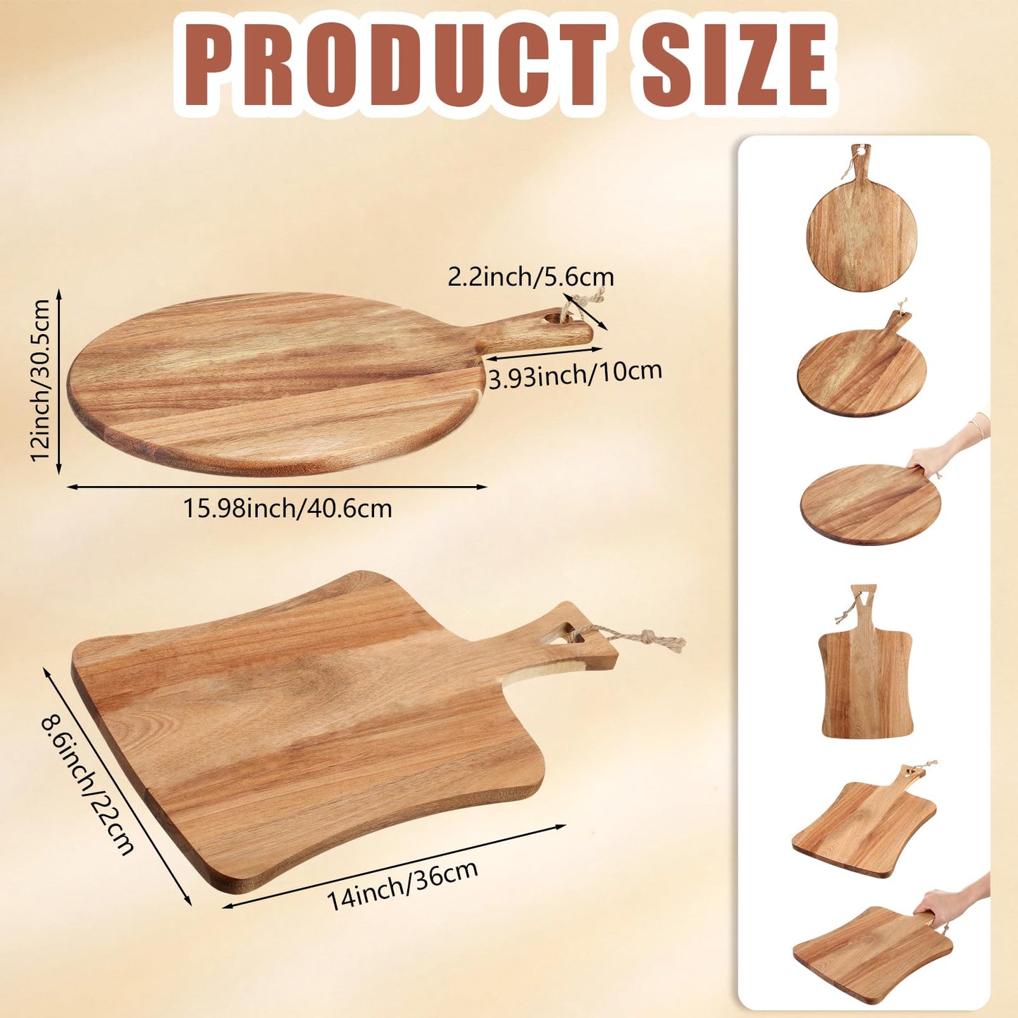 Hsei 2 Pcs Acacia Wood Cutting Board with Handle Wooden Charcuterie Board Large Paddle Carving Chopping Set Butter Serving Tray for Cheese Meat Fruit Pizza Bread Baking(Classic Handle)