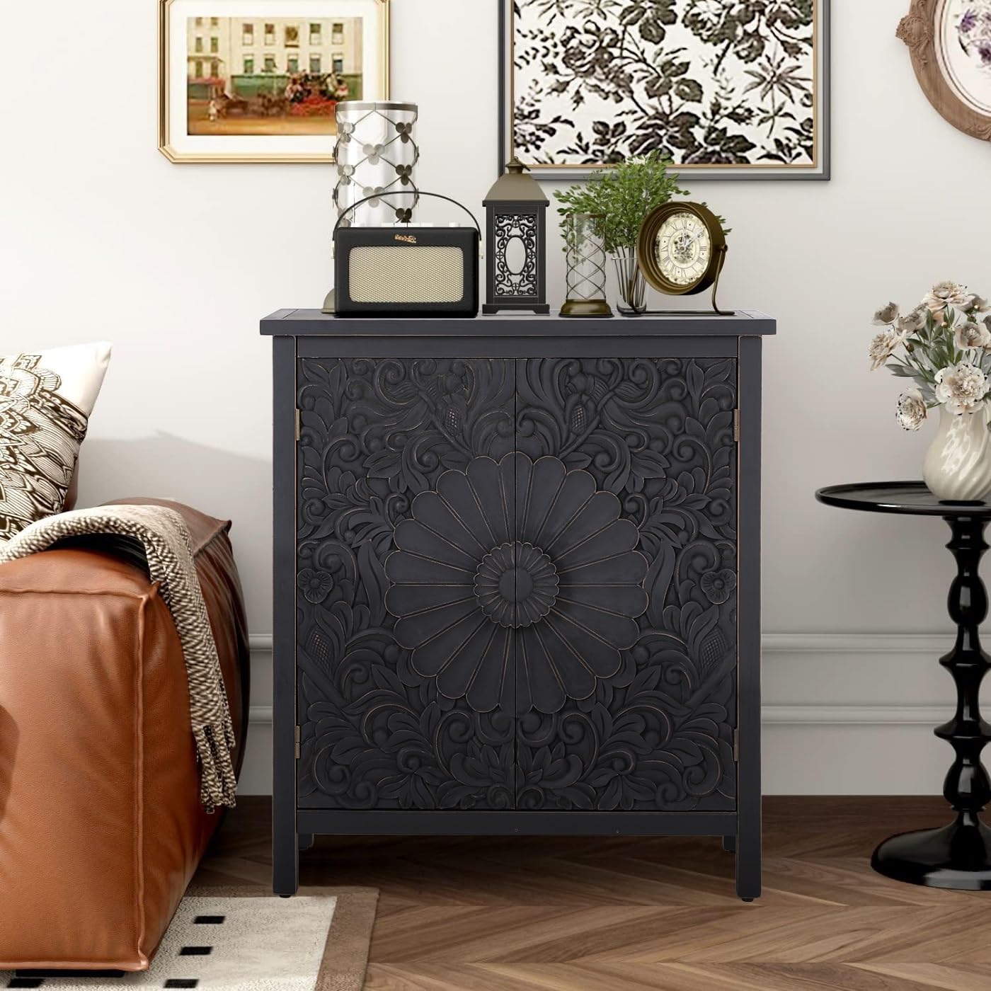 MFSTUDIO Accent Storage Cabinet with 2 Doors, Distressed Storage Cabinet Buffet Sideboard Display Cabinet with Metal Church Window Door for Entryway Living Room Kitchen, Black