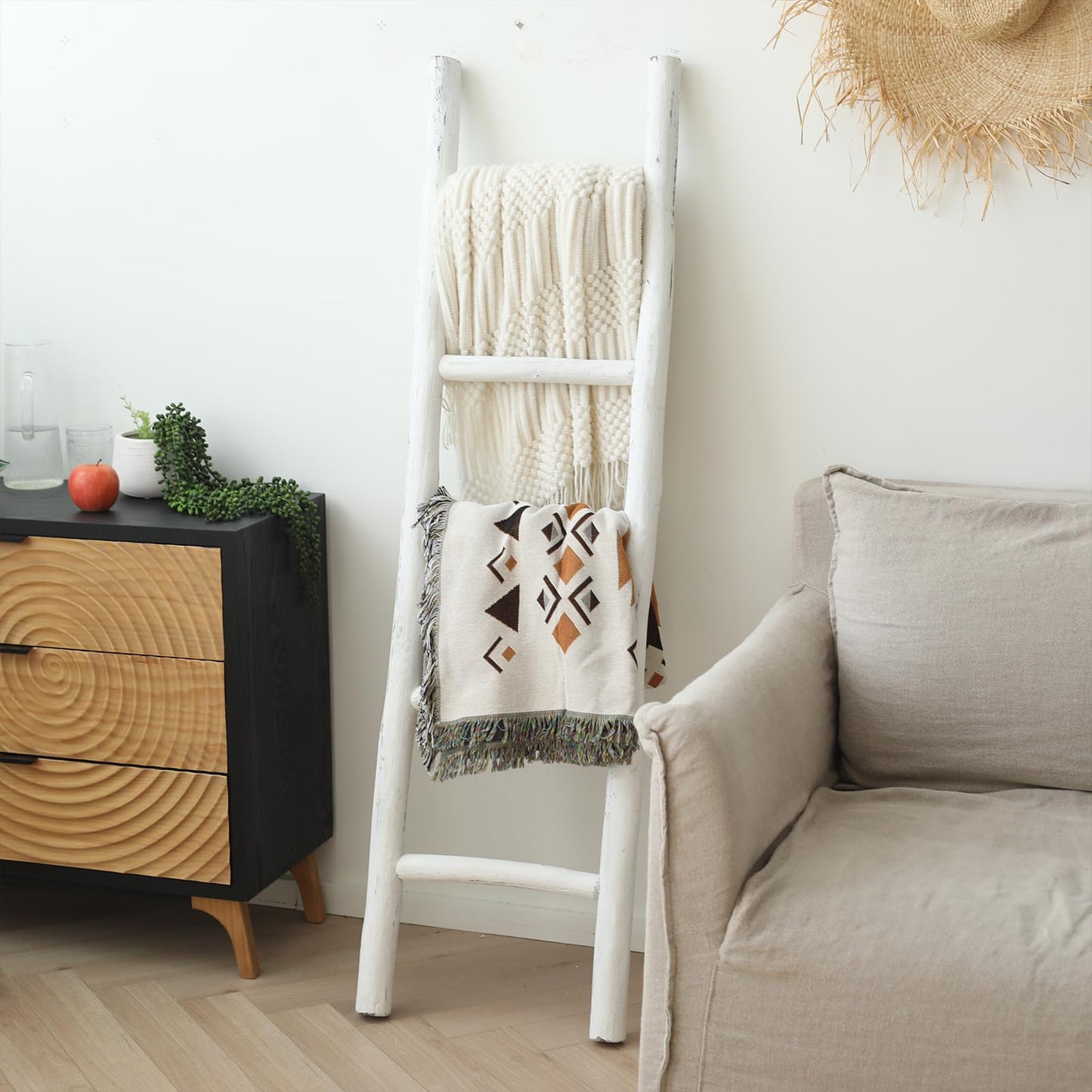 FUIN Fully Assembled 57in Wood Blanket Ladder Living Room Decorative Wall Leaning Farmhouse Quilt Display Holder Rustic Wooden Towel Rack for Bathroom, Unfinished
