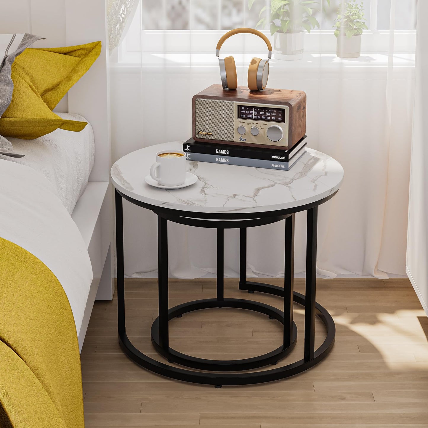 Smuxee Nesting Coffee Table Set of 2, 23.6" Round Coffee Table Wood Grain Top with Adjustable Non-Slip Feet, Industrial End Table Side Tables for Living Room Bedroom Balcony Yard