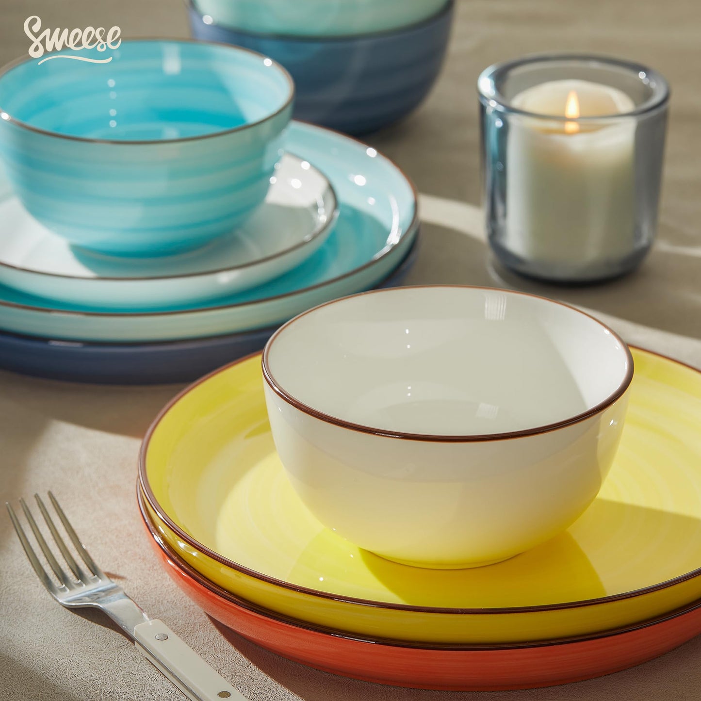 Sweese Plates and Bowls Sets, 18 Piece Dinnerware Set Porcelain Round Dinner Set for 6, Scratch Resistant Dishes Set, Dishwasher and Oven Microwave Safe Handpainted Swirl Dishware Sets, Neutral