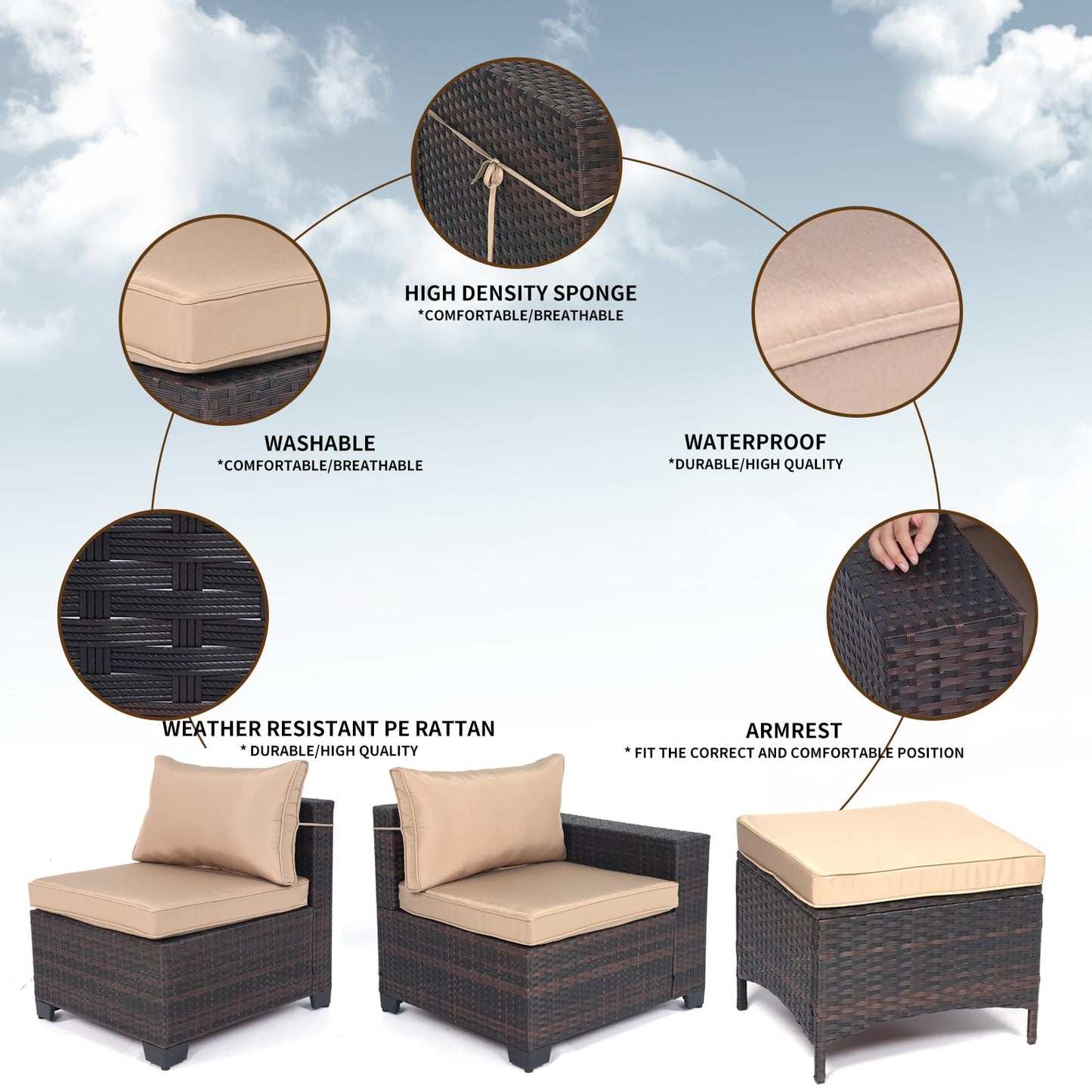 LEVELEVE 7 Pieces Outdoor Patio Furniture Sets,Rattan Conversation Sectional Set,Manual Weaving Wicker Patio Sofa with Tea Table