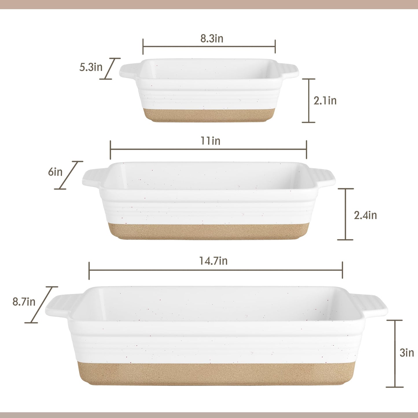 Ceramic Baking Dish, Casserole Dishes for Oven, Extra Deep Lasagna Pans with Handles, Rectangular Bakeware Set of 3 from Oven to Table, Easy to Clean, 14.7 x 8.7 x 3 Inches, White