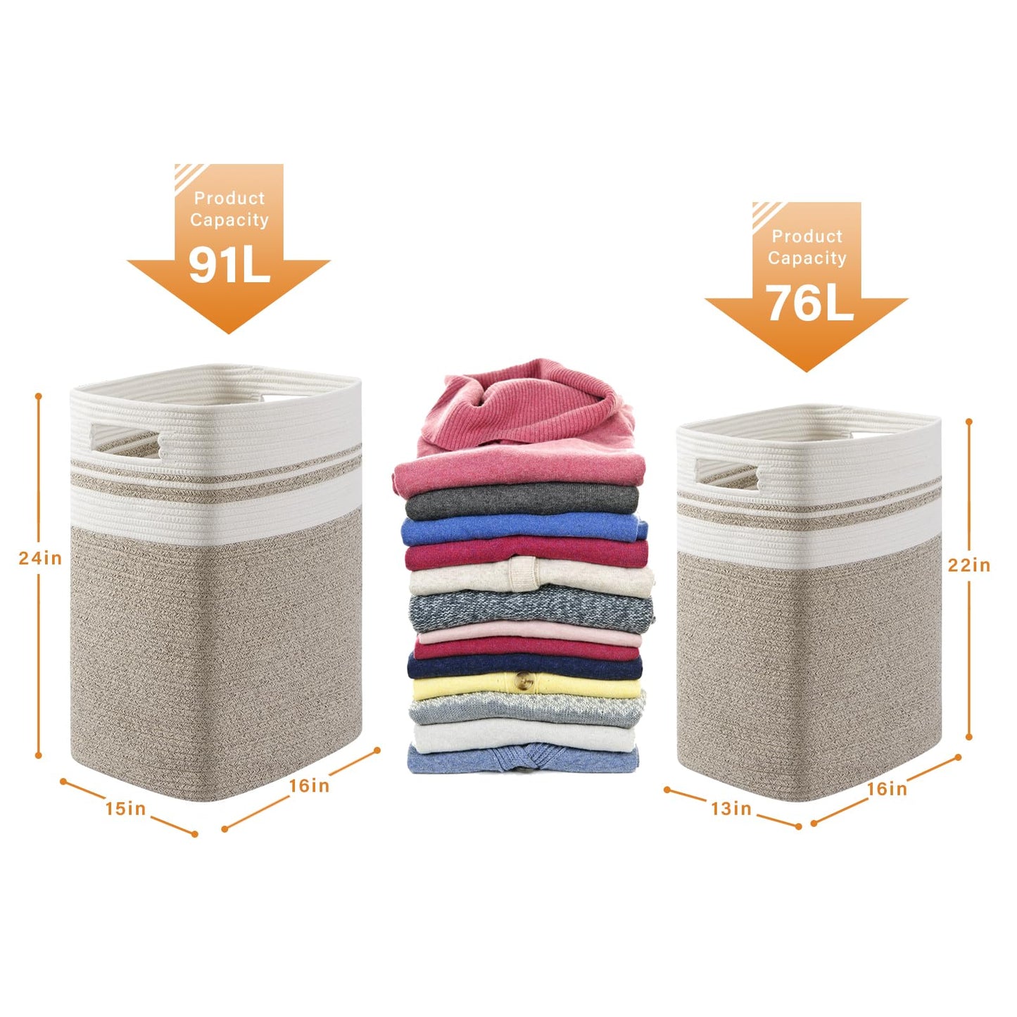 OIAHOMY Laundry Hamper-Laundry Basket,Tall Cotton Storage Basket with Handles,Decorative Blanket Basket for Living room,Collapsible Large Basket for Toys,Pillows,Clothes-16x13x22in-Yellow variegated