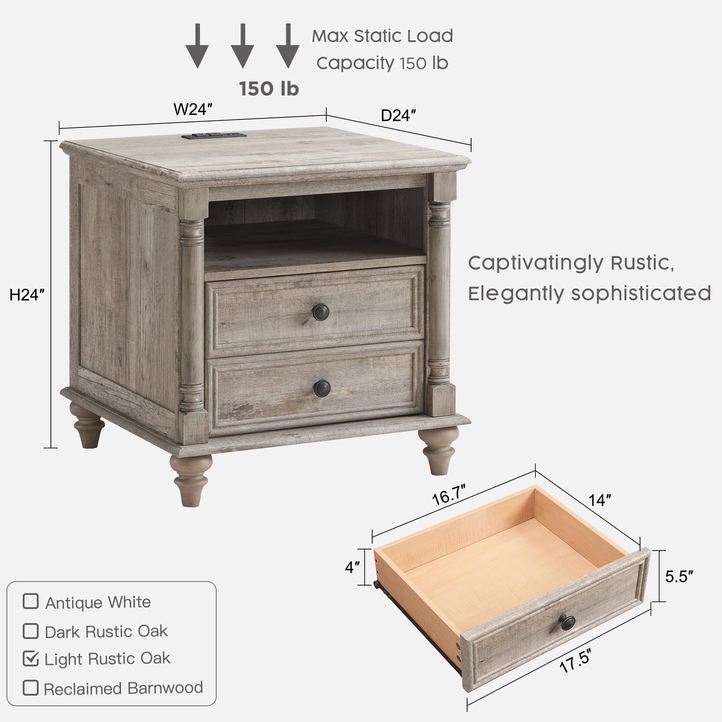 T4TREAM 24'' Farmhouse End Table w/4 Solid Wood Feet, Large 2 Drawers Wide Sofa Side Table with Charging Station, Tall Rustic Wood Square Nightstand for Living Room, Bedroom, Office, Antique White