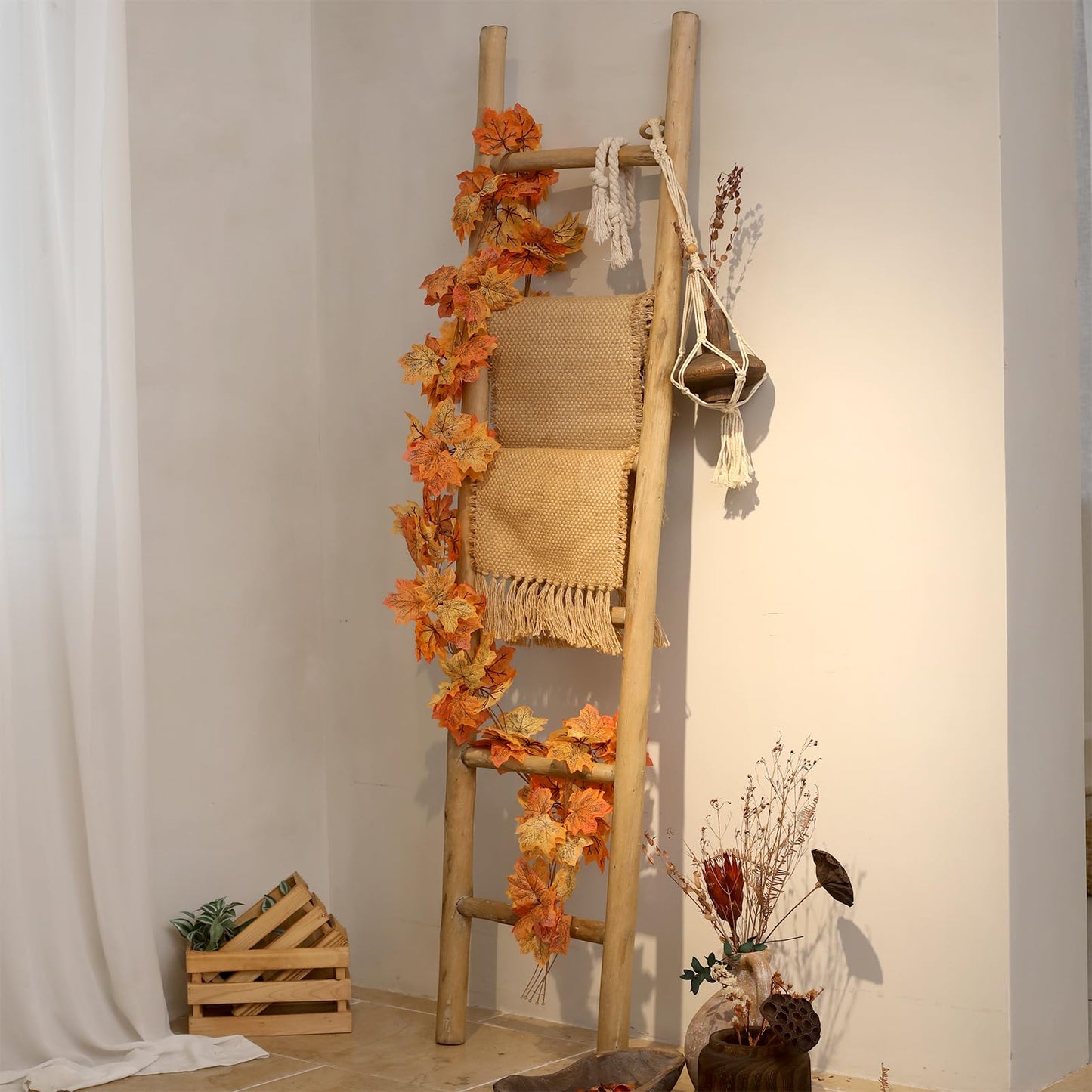 FUIN Fully Assembled 57in Wood Blanket Ladder Living Room Decorative Wall Leaning Farmhouse Quilt Display Holder Rustic Wooden Towel Rack for Bathroom, Unfinished