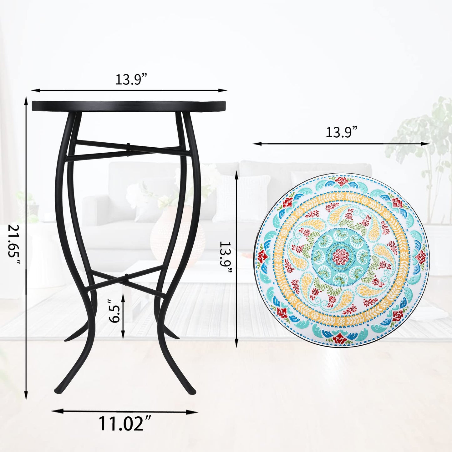 VCUTEKA Mosaic Side Table, 21" Round End Table with 14" Ceramic Tile Top, Patio Accent Table Indoor and Outdoor End Table for Yard, Garden, Living Room, Bistro Balcony or Lawn Golden Sun