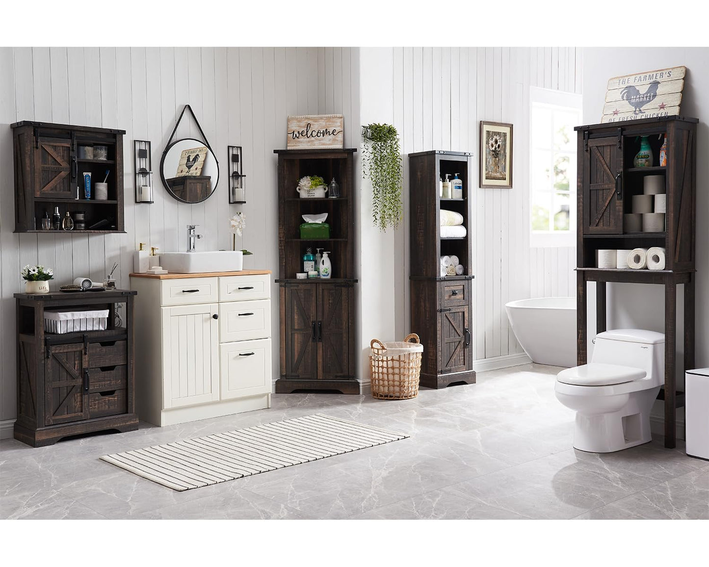 OKD Tall Corner Cabinet, Farmhouse Storage Cabinet with Barn Door Design & Adjustable Shelves, Home Space Saver for Bathroom, Living Room, Rustic Oak with Antique White