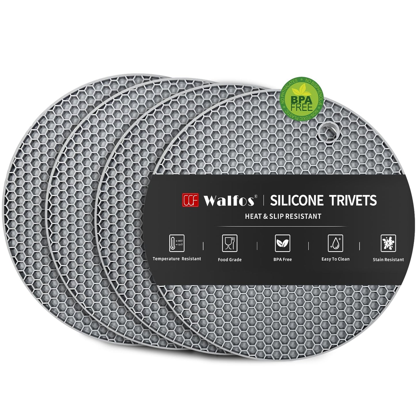 Walfos Silicone Trivet Mats - 4 Heat Resistant Pot Holders, Multipurpose Non-Slip Hot Pads for Kitchen Potholders, Hot Dishers, Jar Opener, Spoon Holder, Food Grade Silicone & BPA Free (Black)