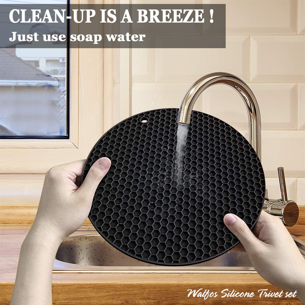 Walfos Silicone Trivet Mats - 4 Heat Resistant Pot Holders, Multipurpose Non-Slip Hot Pads for Kitchen Potholders, Hot Dishers, Jar Opener, Spoon Holder, Food Grade Silicone & BPA Free (Black)