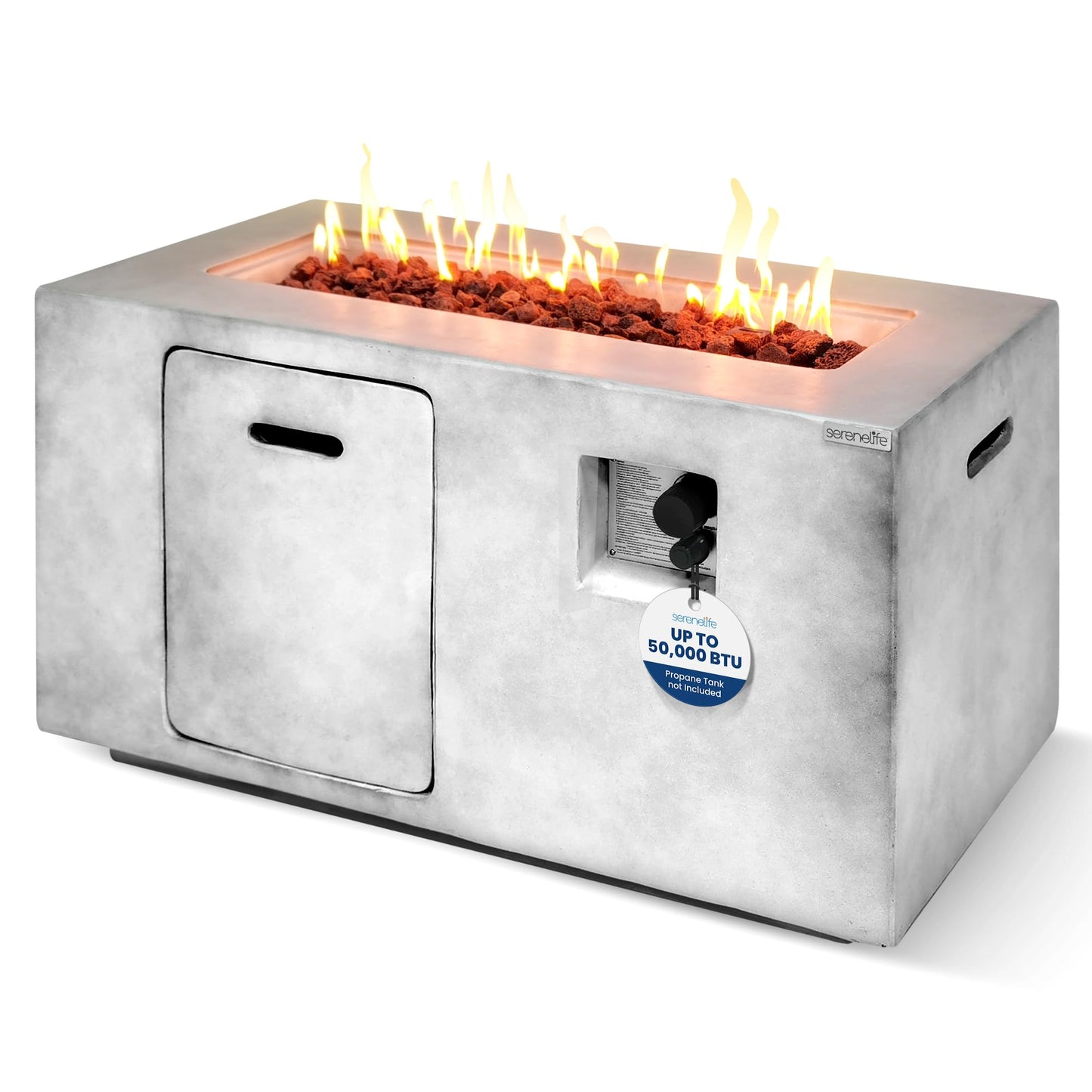 SereneLife Outdoor Propane Gas Fire Pit Table – 50,000 BTU Auto-Ignition Firepit with Glass Wind Guard, Black Tempered Glass Top & Clear Glass Rocks for Garden, Patio, or Backyard