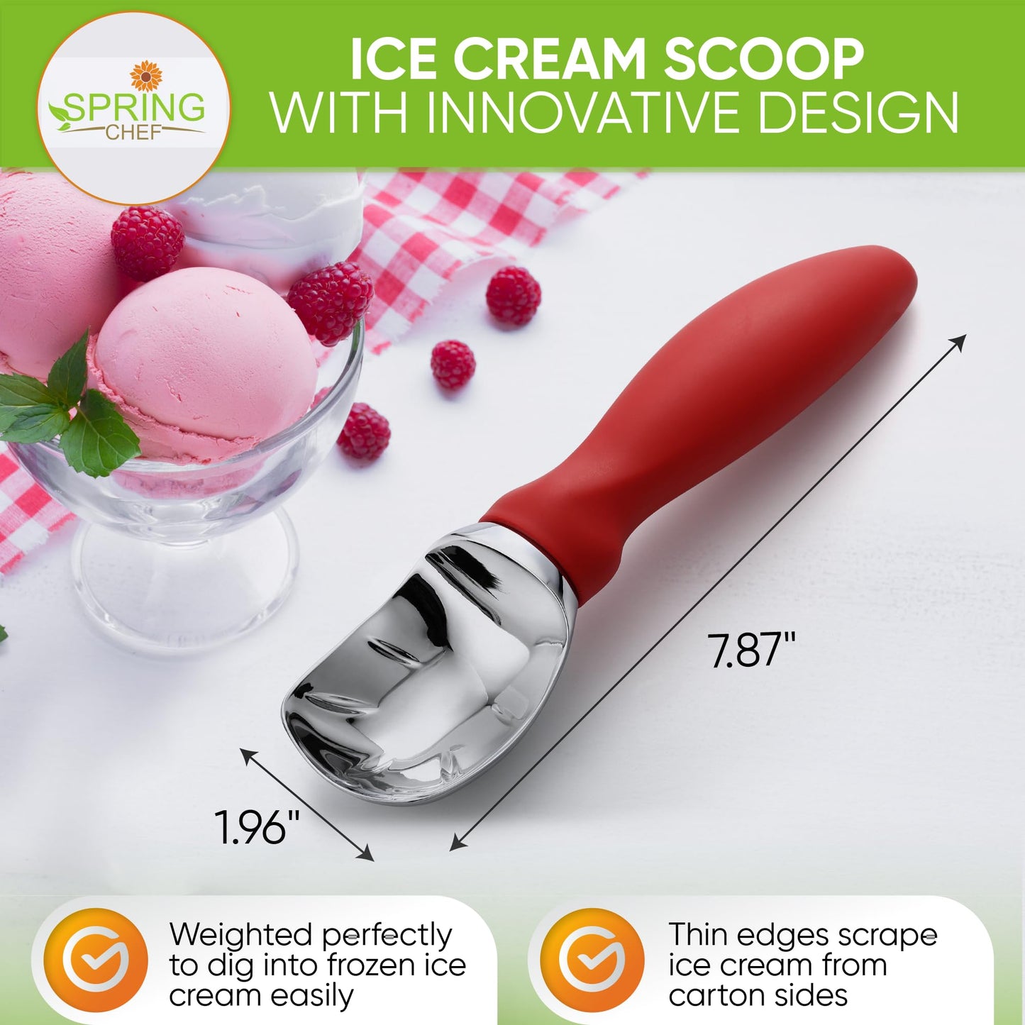 Spring Chef Heavy Duty Ice Cream Scoop with Comfortable Handle - Professional Ice Cream Scooper for Gelato, Sorbet, Cookie Dough, Melon, Frozen Yogurt - Dishwasher Safe Metal Kitchen Tool - Black