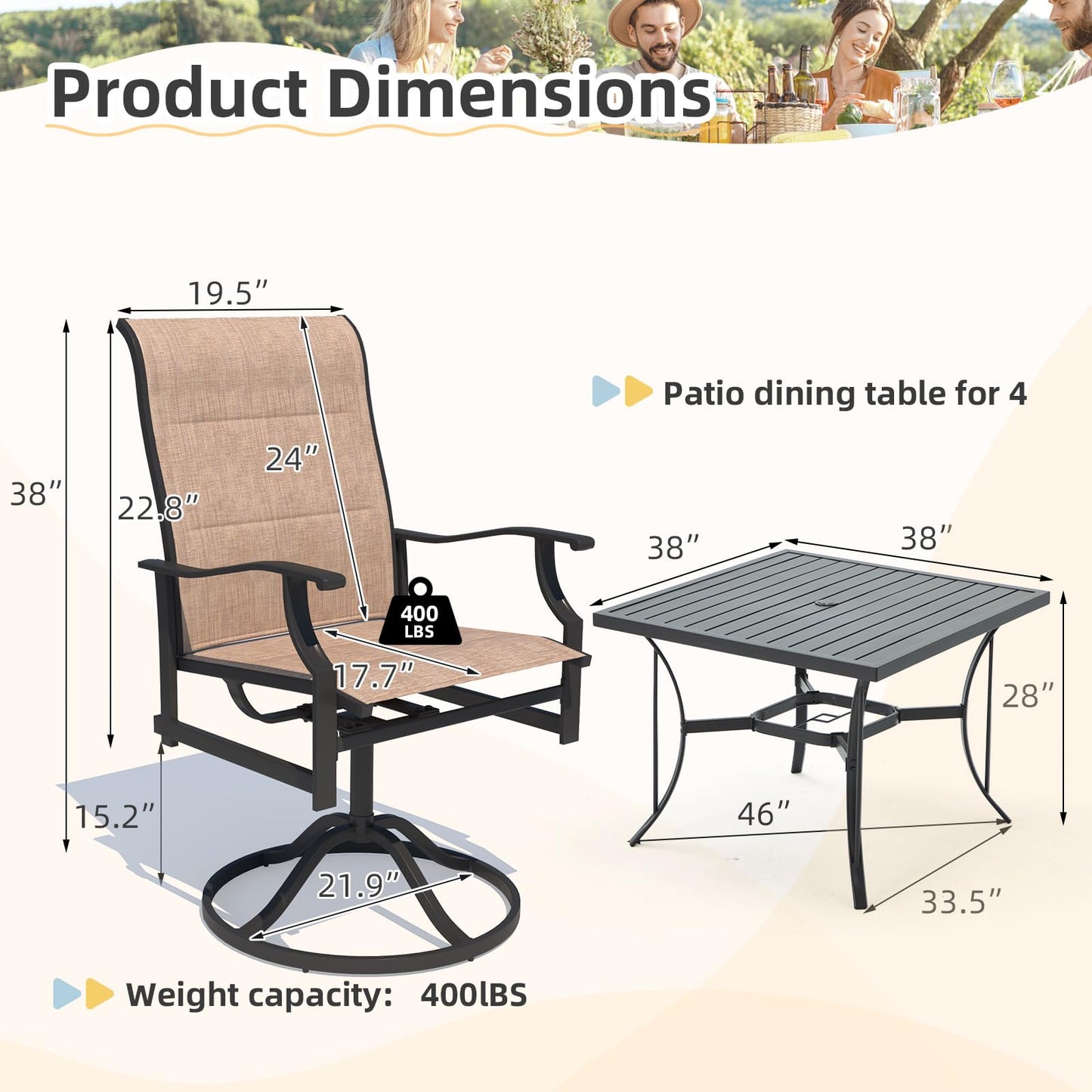 9-Piece Outdoor Patio Dining Set with 8 Swivel Rocker Chairs, Rectangular Metal Table with Umbrella Hole, 8-Person Patio Table and Chairs for Backyard, Poolside, Balcony and Garden Grey