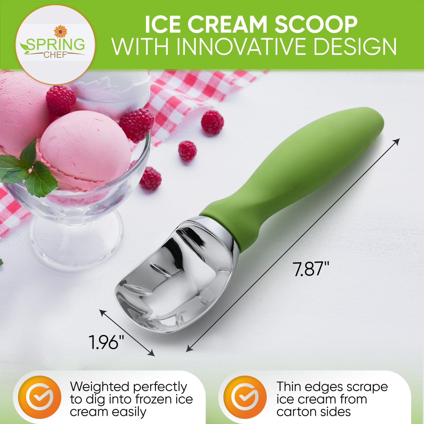 Spring Chef Heavy Duty Ice Cream Scoop with Comfortable Handle - Professional Ice Cream Scooper for Gelato, Sorbet, Cookie Dough, Melon, Frozen Yogurt - Dishwasher Safe Metal Kitchen Tool - Black