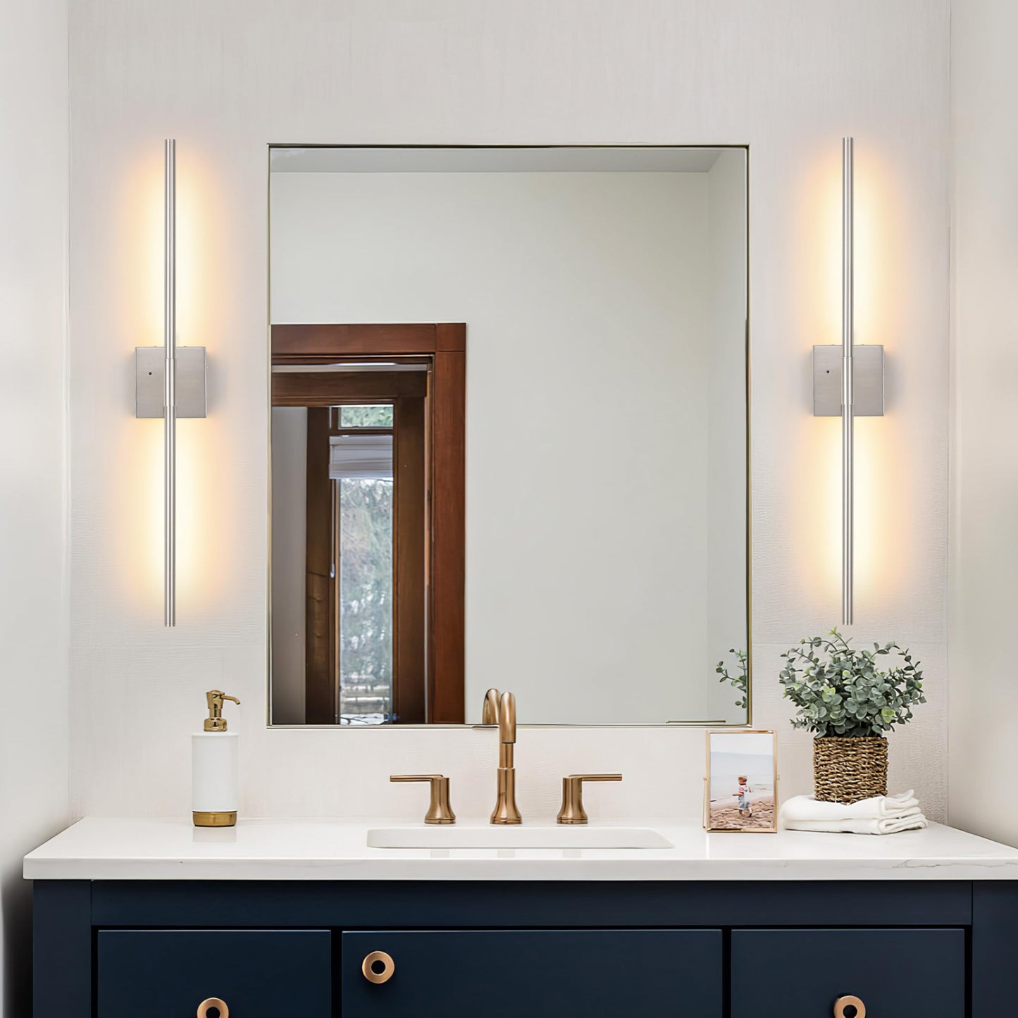 Battery Operated Wall Sconces Set of 2, Dimmable Battery Wall Sconce with Remote Control, Black Gold LED Rechargeable Sconces, 24 Inch Modern Wireless Wall Lights for Bedroom, Living Room