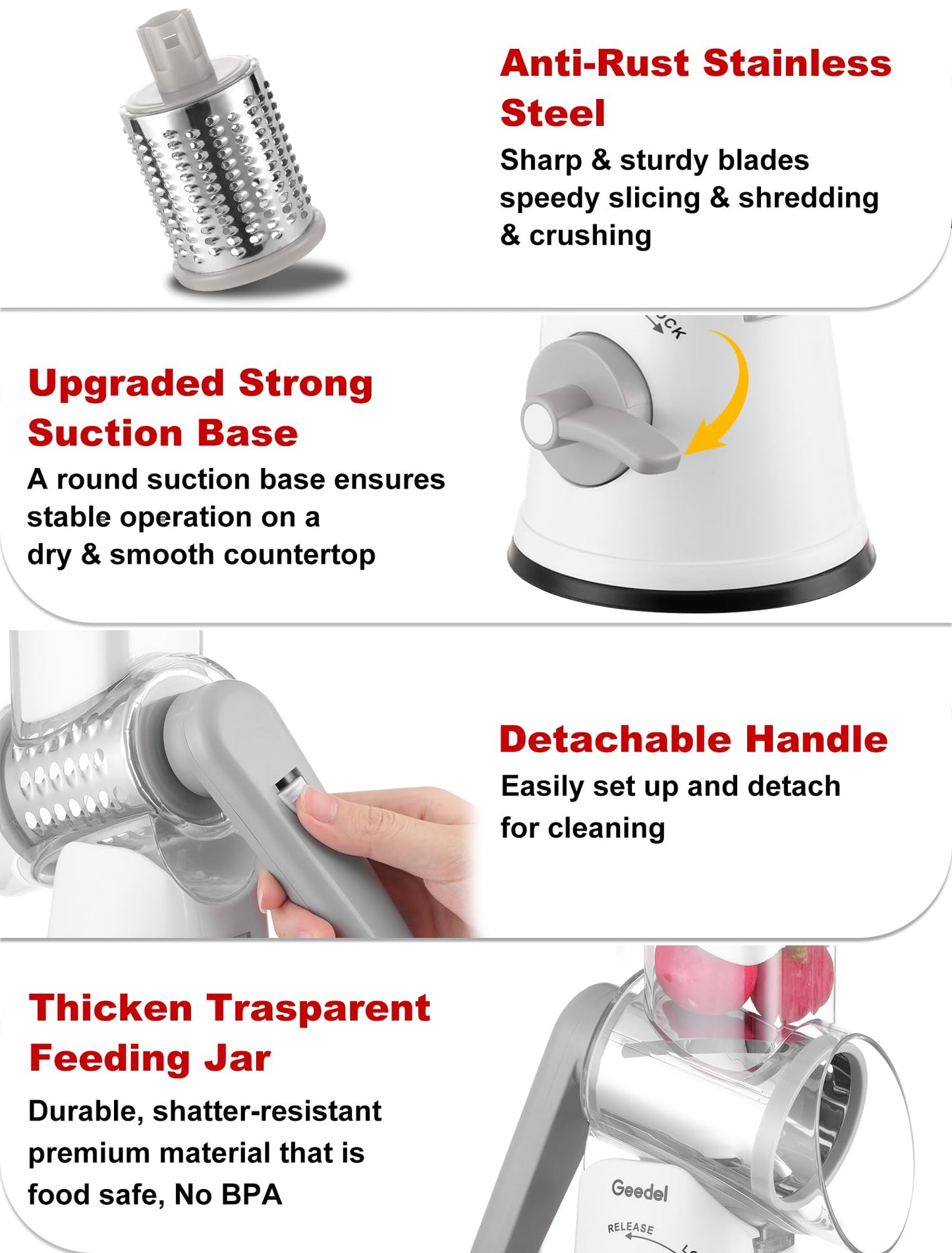 Geedel Rotary Cheese Grater Cheese Shredder - Upgraded 5-in-1 Cheese Grater with Handle and Strong Suction Base, Multi-purpose Vegetable Slicer Ice Shaver Nuts Grinder for Ice, Vegetables, Fruit, Nuts