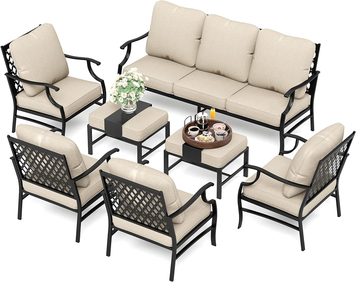 HERA'S HOUSE 7 Piece Patio Furniture Set, 2 x Rocking Chair, 2 x Fixed Chair, 2 x Ottoman, 1 x 3-Seat Sofa, All Cushioned 9 Seats Outdoor Conversation Set for Lawn Garden Backyard