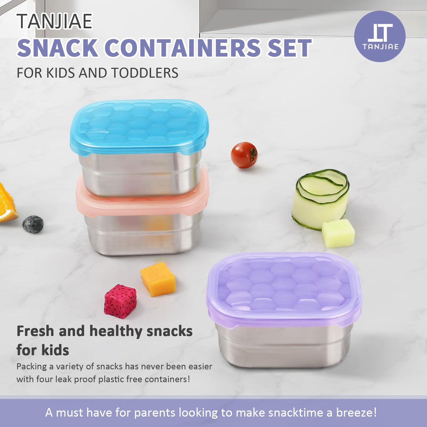 Small (1 CUP) Stainless Steel Snack Containers for Kids | Easy Open Leak Proof Food Containers with Silicone Lids - Perfect Metal Toddler Lunch Box for Daycare and School (8oz)