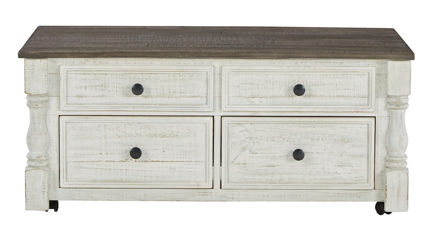 Signature Design by Ashley Havalance Farmhouse Lift Top Coffee Table with Fixed Shelf and 2 Hidden Storage Trays, Gray & White with Weathered Finish