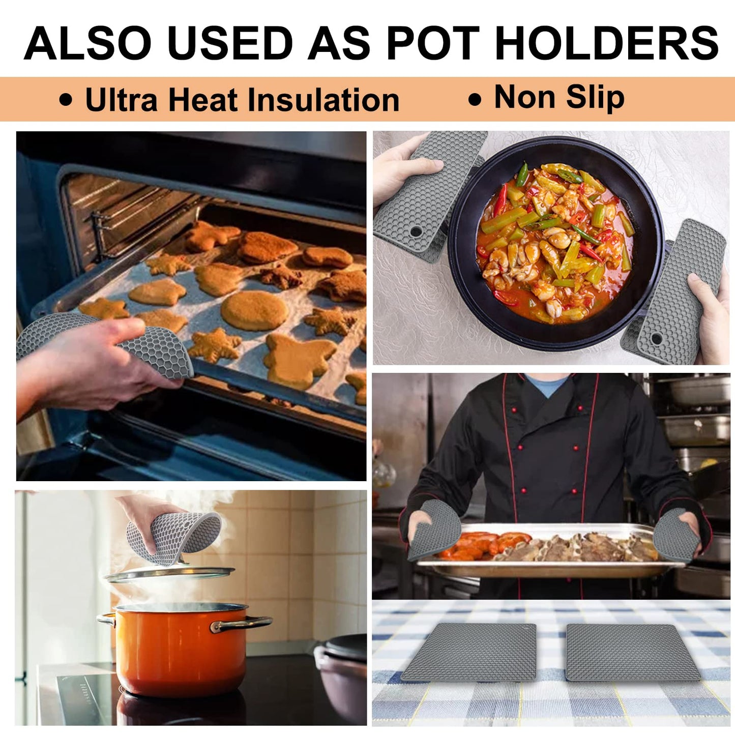 Walfos Silicone Trivet Mats - 4 Heat Resistant Pot Holders, Multipurpose Non-Slip Hot Pads for Kitchen Potholders, Hot Dishers, Jar Opener, Spoon Holder, Food Grade Silicone & BPA Free (Black)