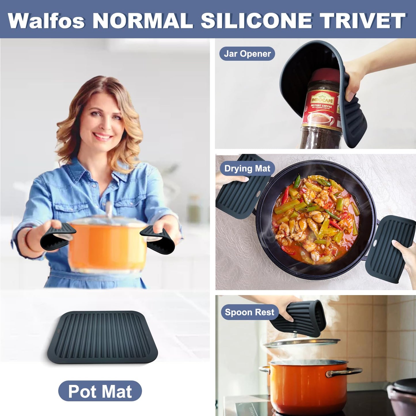 Walfos Silicone Trivet Mats - 4 Heat Resistant Pot Holders, Multipurpose Non-Slip Hot Pads for Kitchen Potholders, Hot Dishers, Jar Opener, Spoon Holder, Food Grade Silicone & BPA Free (Black)
