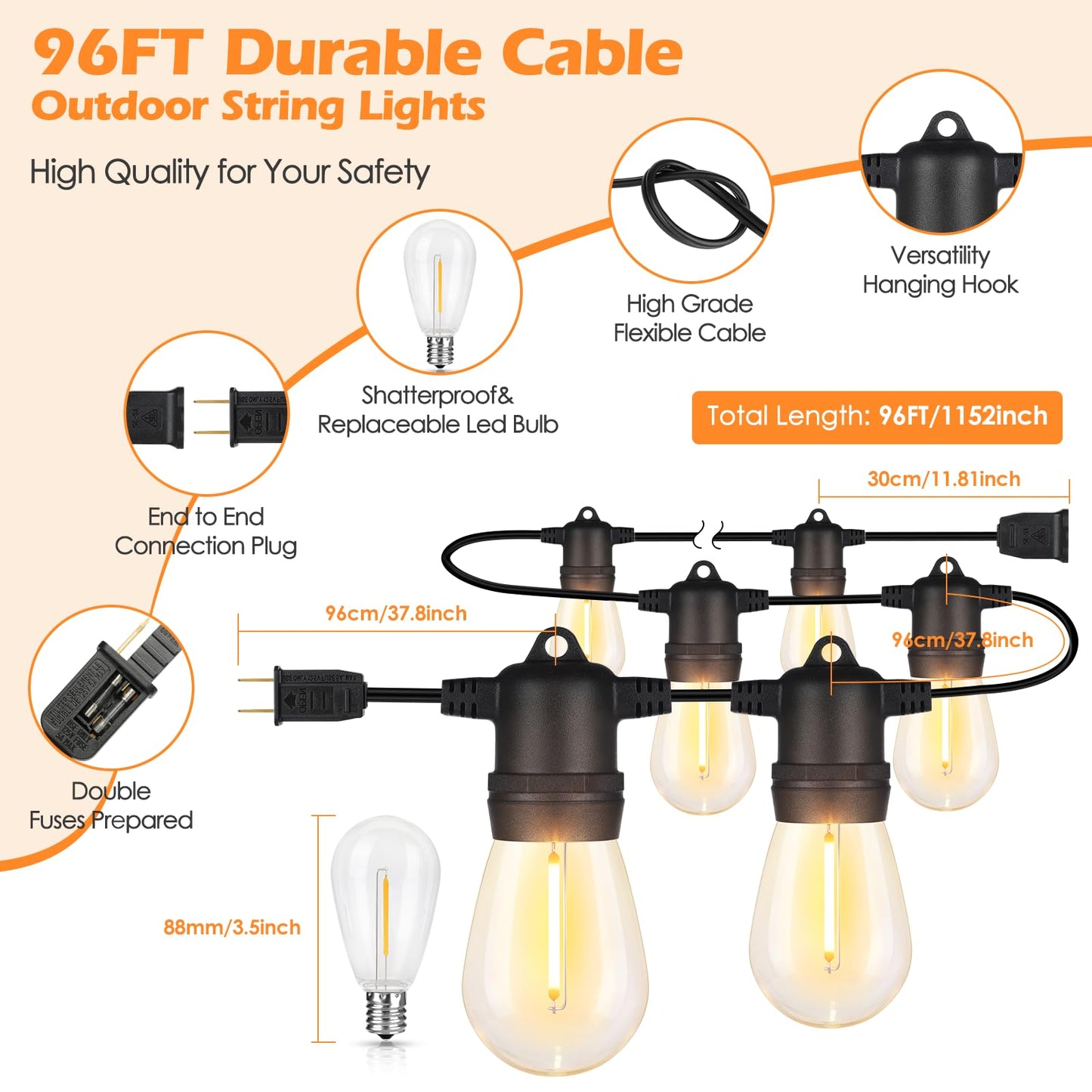 96FT LED Outdoor String Lights, Waterproof Patio Lights with 30+2 2700K Dimmable Shatterproof Edison Hanging Bulbs for Backyard Party-Black